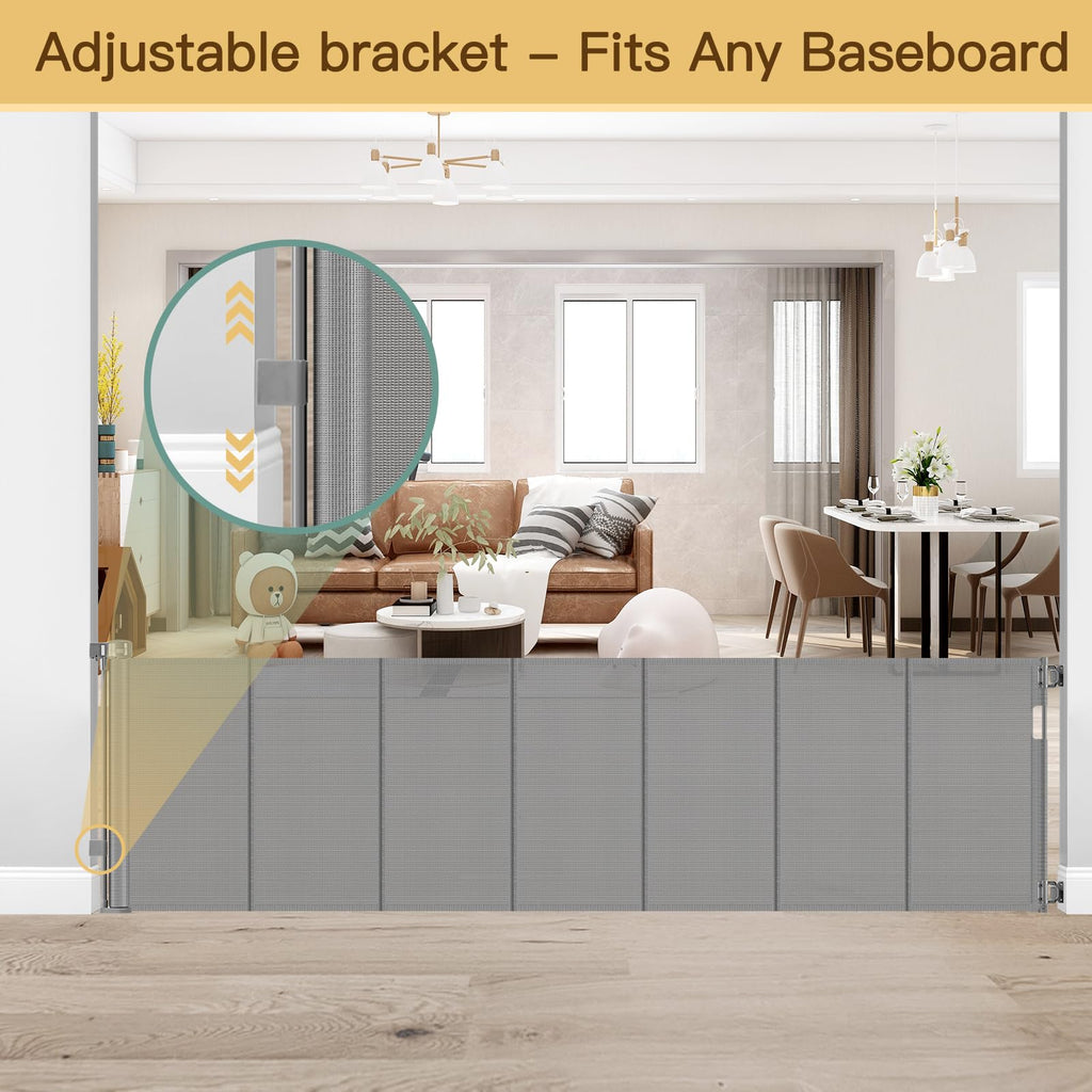 Reinforced 100 Inch Extra Long Baby Gates for Large Openings to Prevent Crawling Under, No Bottom Bar Extra Wide Retractable Baby Gate for Stairs, 8 ft Mesh Child Gate for Parent/Pet Owner Use, Gray
