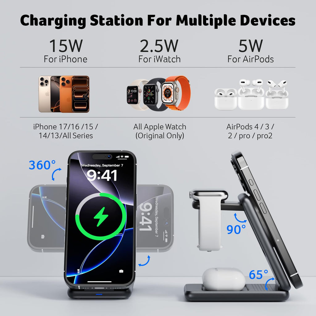 Acer 3 in 1 Charging Station for Apple Device, Magnetic Palm-Sized Foldable Fast Charger Stand Compatible with MagSafe for iPhone 17, Apple Watch & AirPods, Foldable Charging Dock for Desk S3