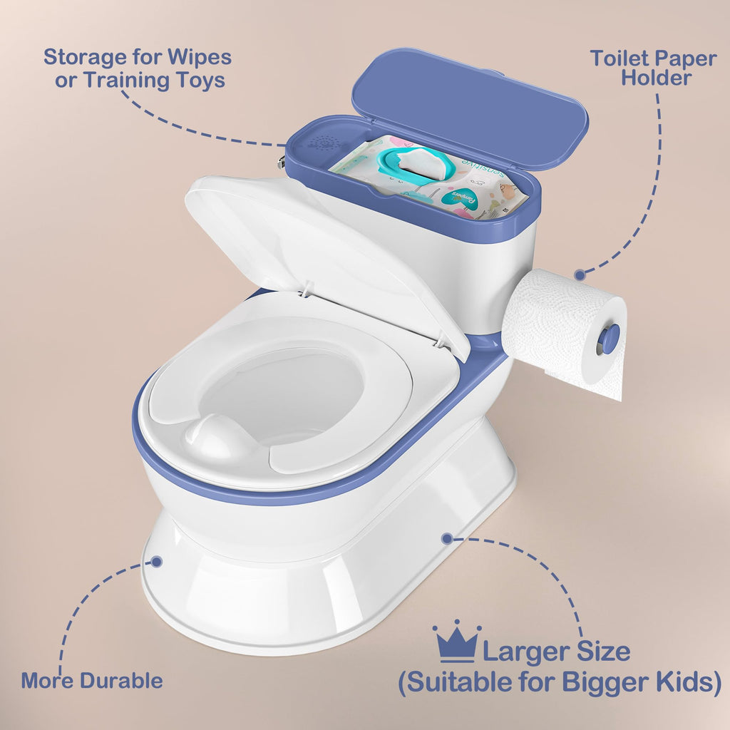CheerTry 2-in-1 Toddler Potty Training Toilet - Larger Potty Chair & Detachable Training Seat for Boys & Girls Ages 1-3 with Flushing Sound, Wipes Storage, Toilet Paper Holder - Blue