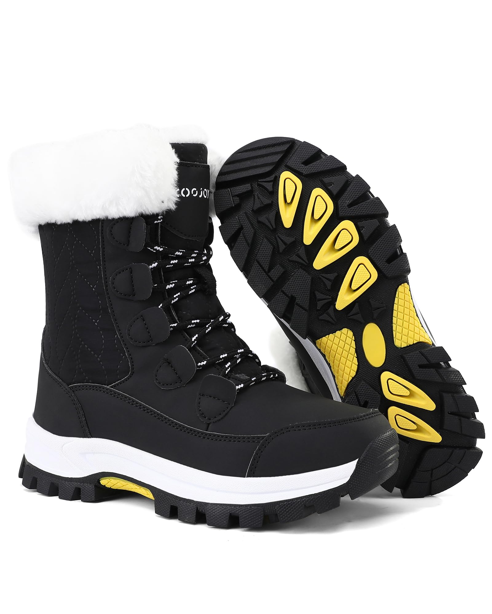 COOJOY Womens Winter Snow Boots Waterproof Shoes Walking Comfortable Hiking Booties Furry Mid Calf Warm Lightweight Black,US8 EU40