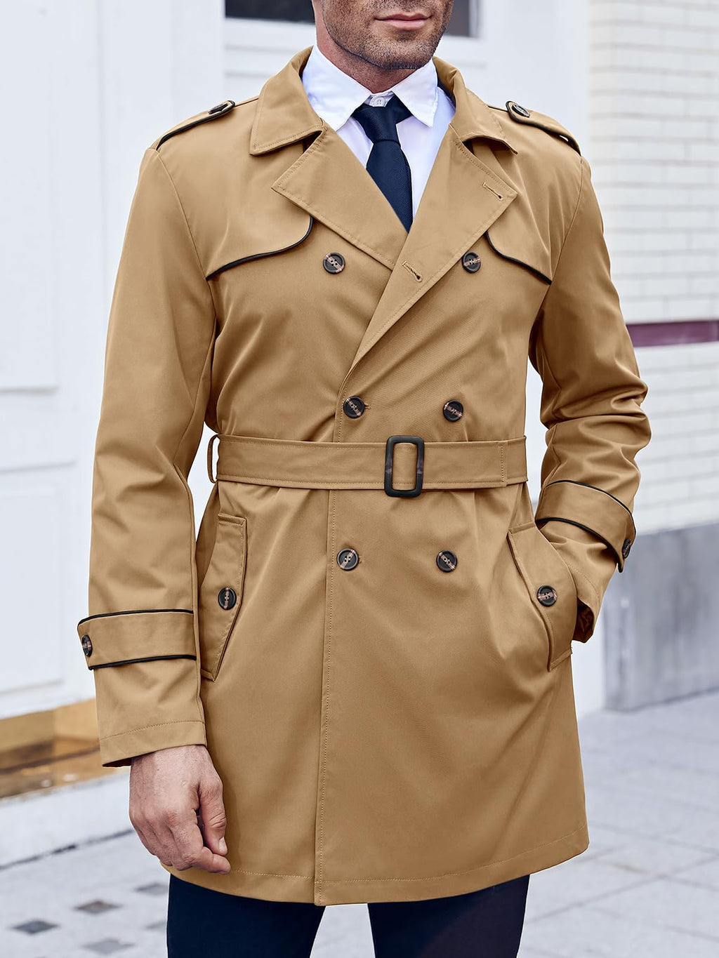 Makkrom Men's Trench Coat Slim fit Double Breasted Notched Lapel Belted Windbreaker Long Jacket Casual Windproof Overcoat