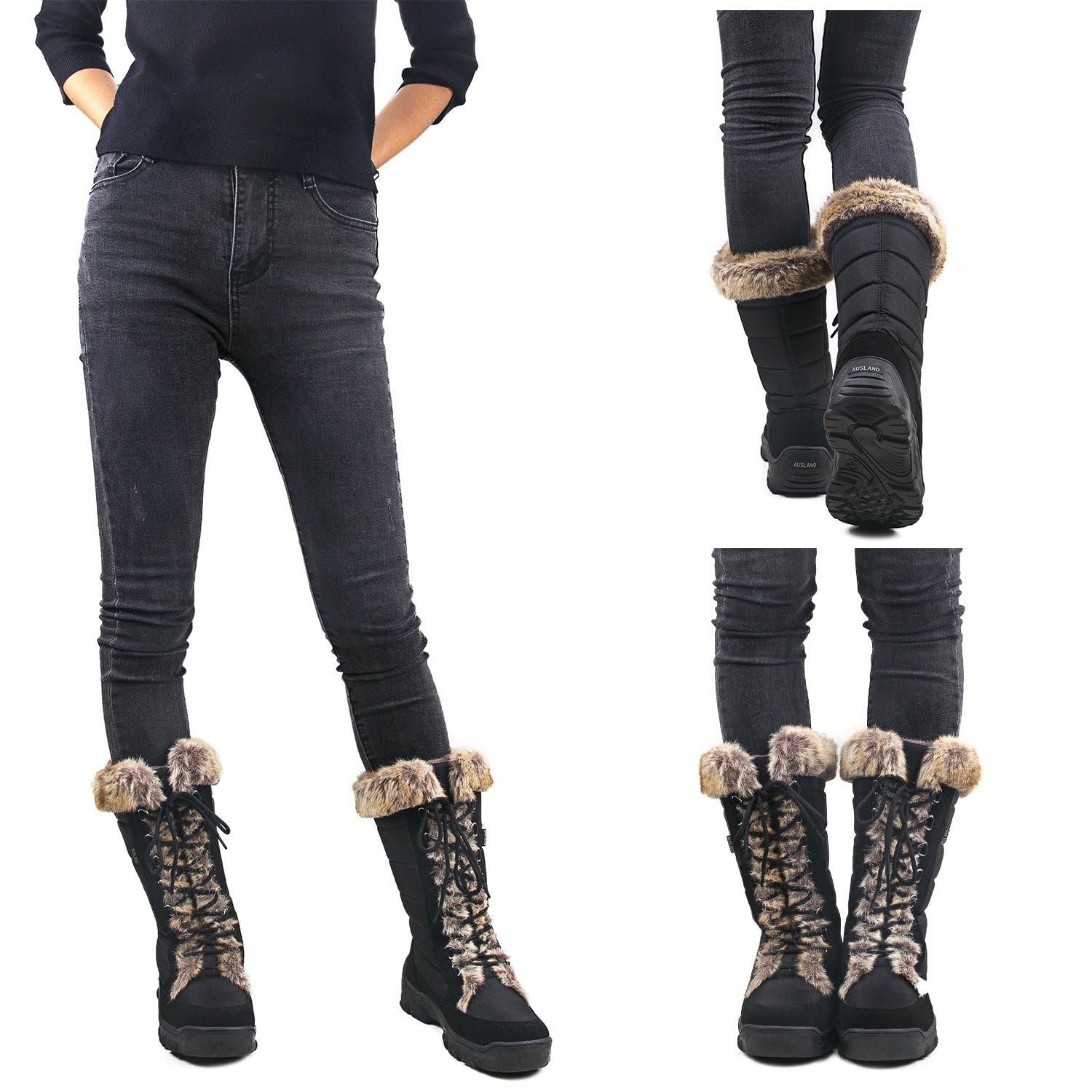 AUSLAND Women's Black Winter Snow Boots Twin Peaks Fur Cuff Mid-Calf Waterproof Lace Up Boots E7623 8US/39EU