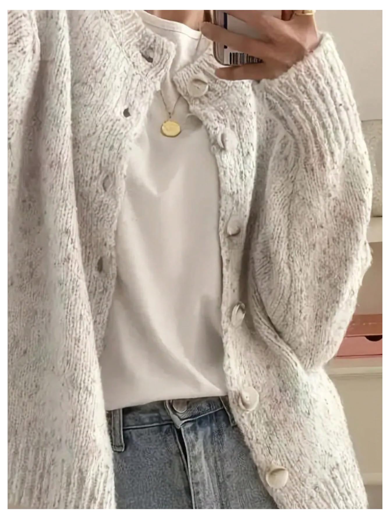 WDIRARA Women's Button Down Cardigan Sweaters Crewneck Long Sleeve Knit Outerwear Casual Knitwear Apricot Medium