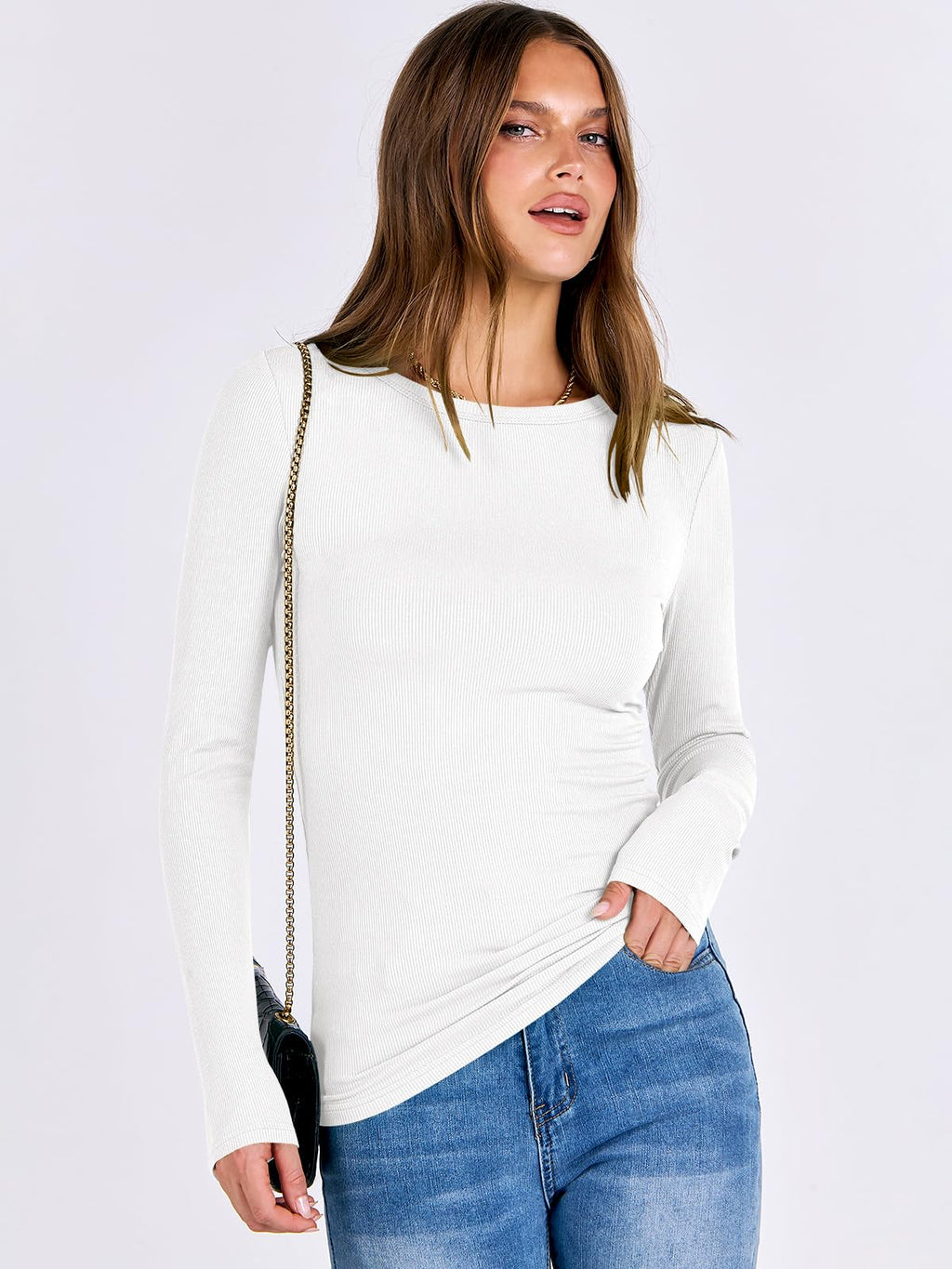 ANRABESS Women Long Sleeve Shirts Rib Knit Slim Fit Tops Basic Tee 2025 Fall Outfits Casual T-Shirt Underscrubs Layer Clothes White Medium