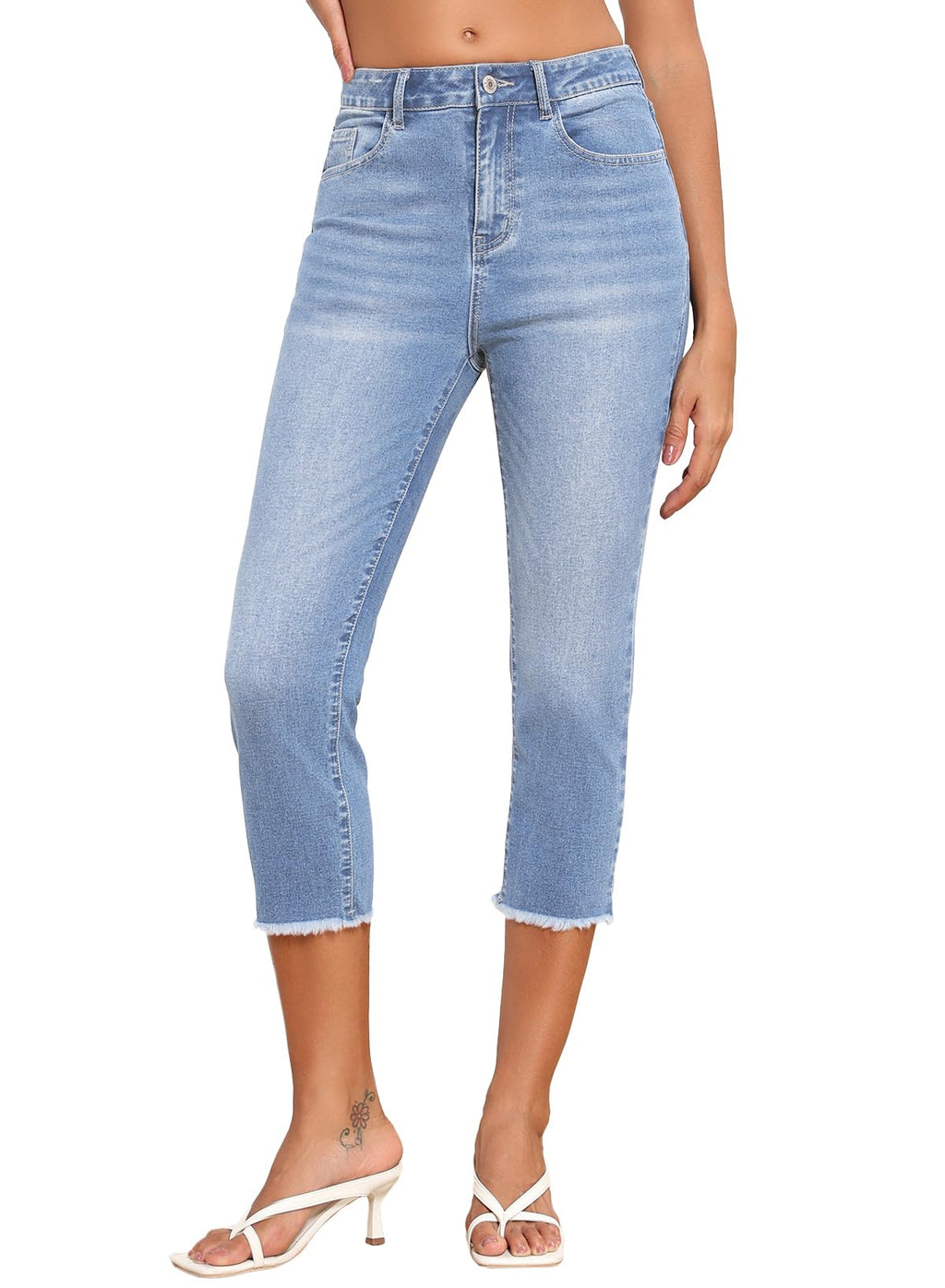 Sidefeel Women's Capri Jeans Trendy 2025 High Waisted Spring Outfit Denim Capri Pants Sky Blue Size 14