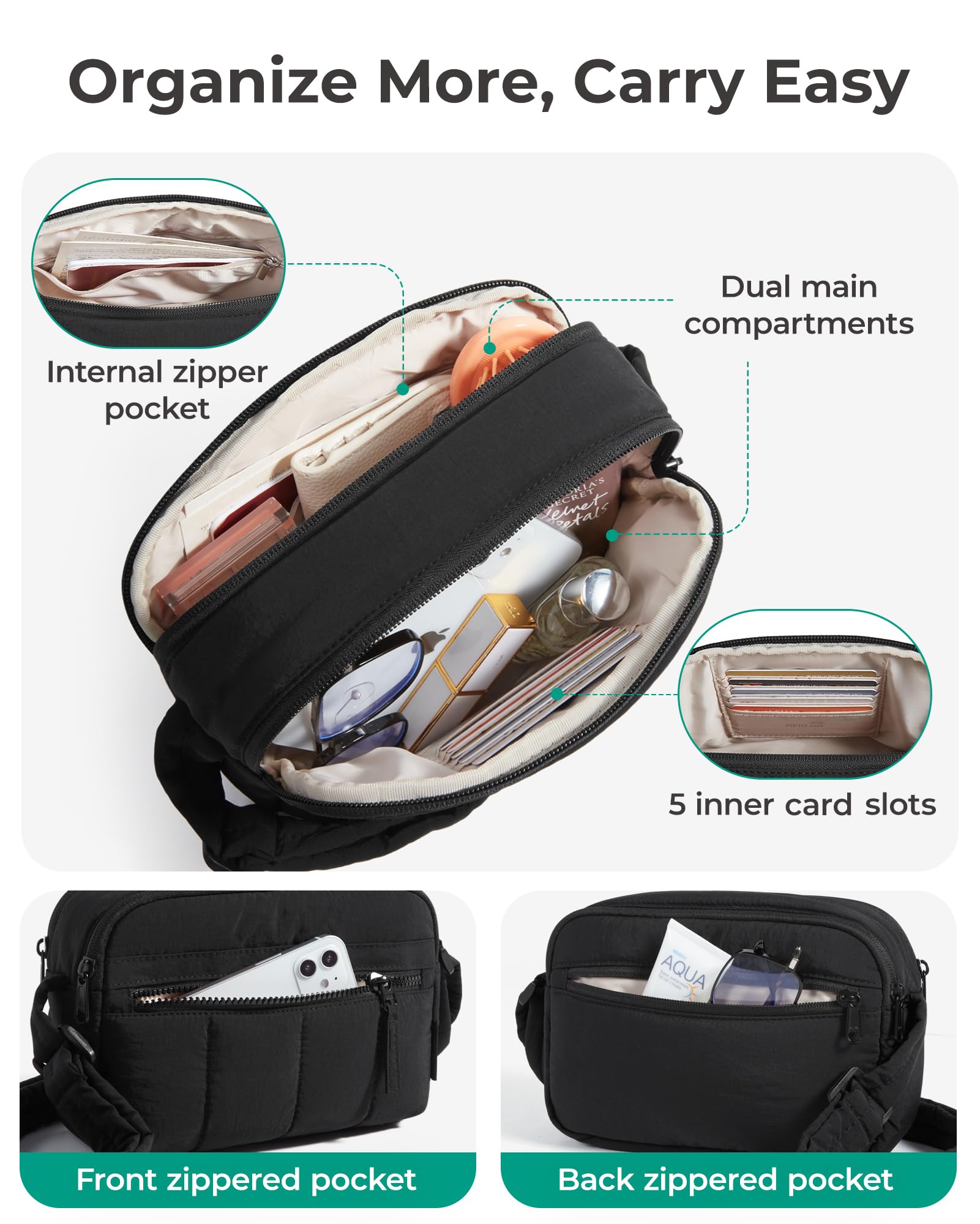 BAGSMART Cross Body Purse, Mini Crossbody Bags for Women Travel Purse, Puffy Shoulder Handbag Wallet with RFID Blocking Slots, Black-small