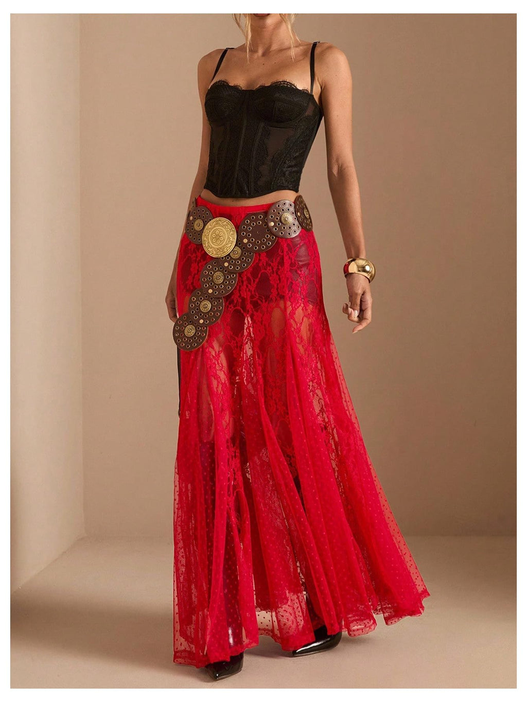 WDIRARA Women's Sexy See Through Sheer Lace Maxi Skirt Low Waist Ruffle Hem A Line Flowy Skirt Red Medium