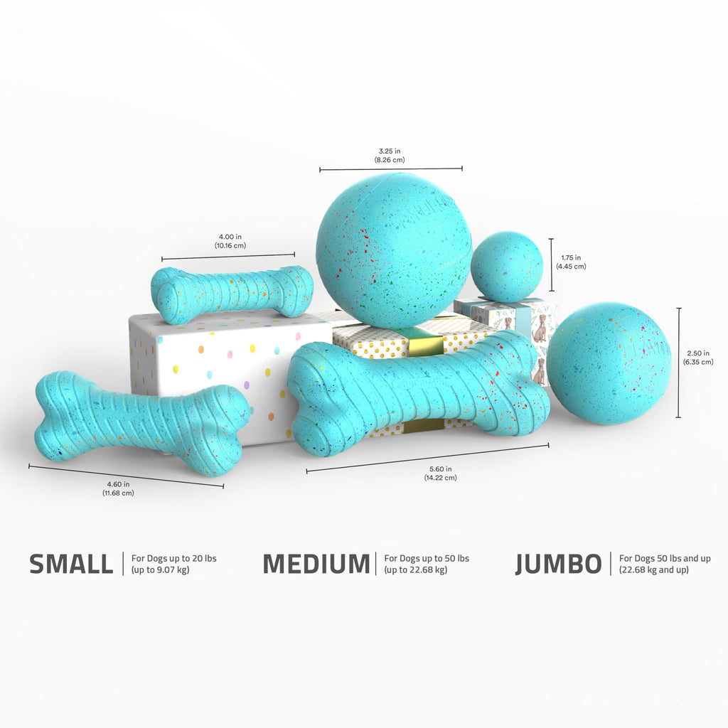 Playology Dog Toys | Birthday Box for Large Dogs | Peanut Butter Birthday Cake Scented Jumbo Gift Bundle | 1 Squeaky Chew Ball, 1 Dual Layer Bone, & 1 Doggy Bday Card