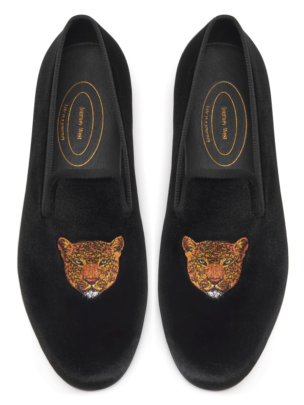 Journey West Men's Velvet Loafers Embroidery Slip-On Loafers Tuxedo Dress Shoes Smoking Slippers for Men Leopard Black 12