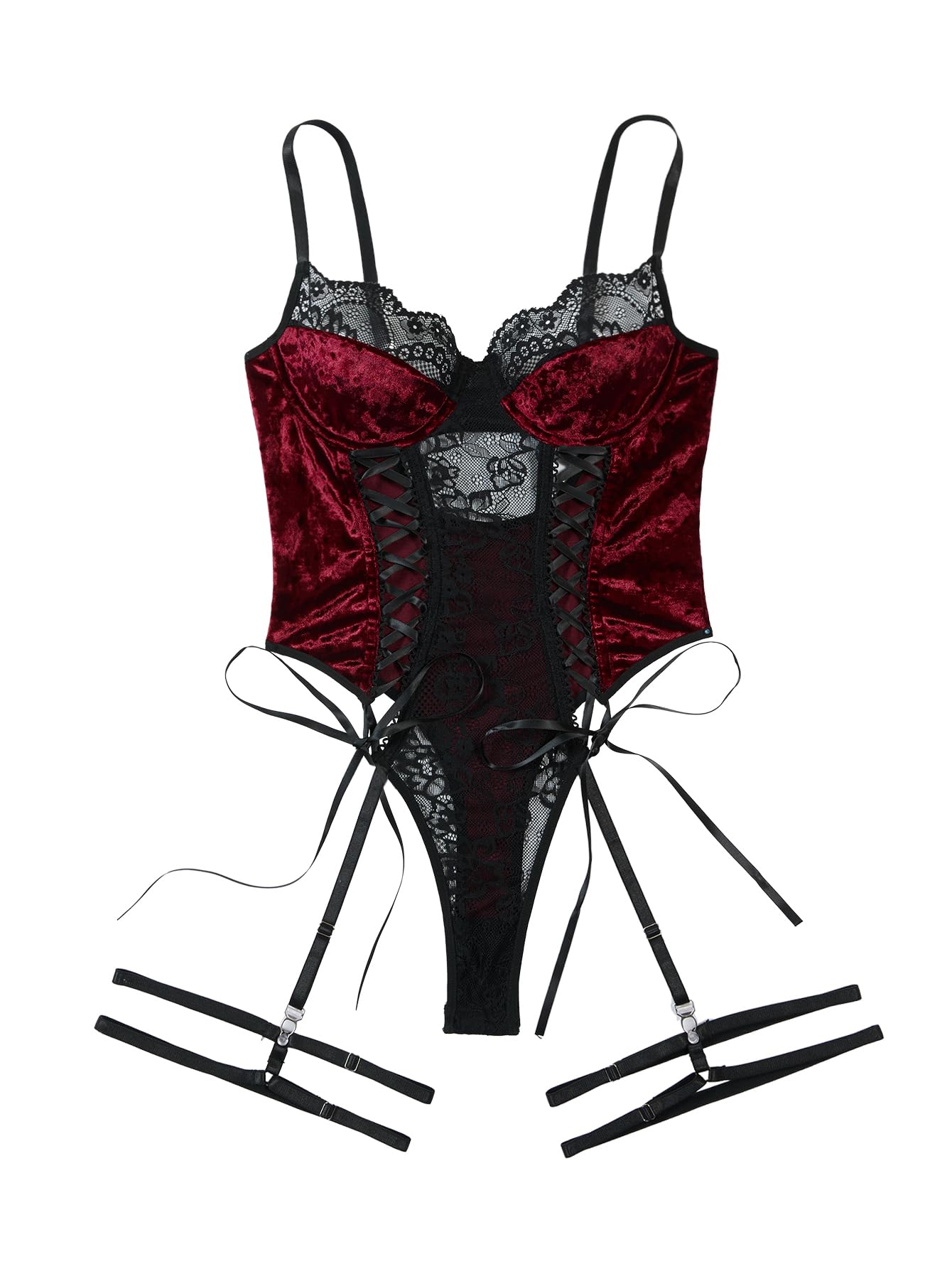 Lilosy Petite Sexy Lace Up Floral Garter Underwire Teddy Bodysuit Lingerie Belt Women Top One Piece Red Velvet 2X-Small