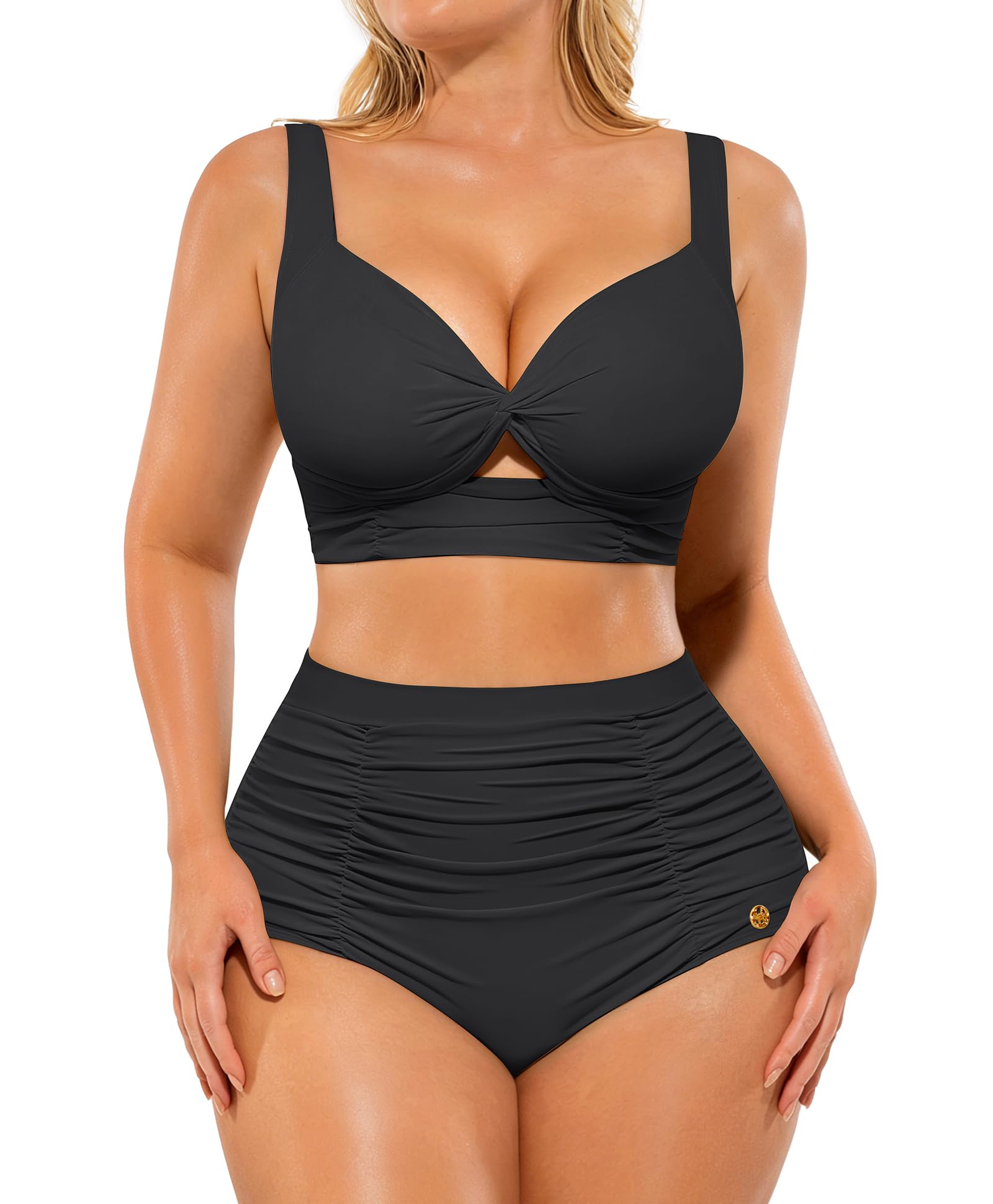 SHAPELLX 2 Piece Swimsuit for Women High Waisted Bikini Sets Tummy Control Bathing Suit Black Twist Front Swim Suit (Black, XXL)