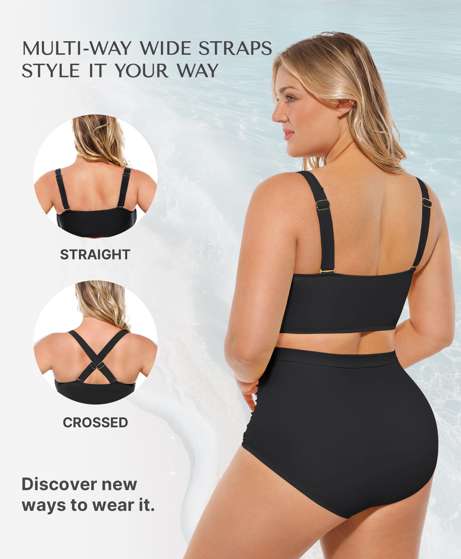 SHAPELLX Black Tummy Control Bikini High Waisted Swimsuits Push Up Padded Bathing Suit Ruched Twist Front Swim Suit (Black, XLarge)