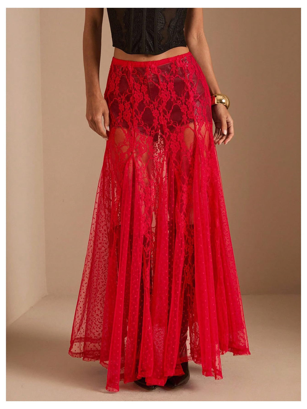 WDIRARA Women's Sexy See Through Sheer Lace Maxi Skirt Low Waist Ruffle Hem A Line Flowy Skirt Red Medium