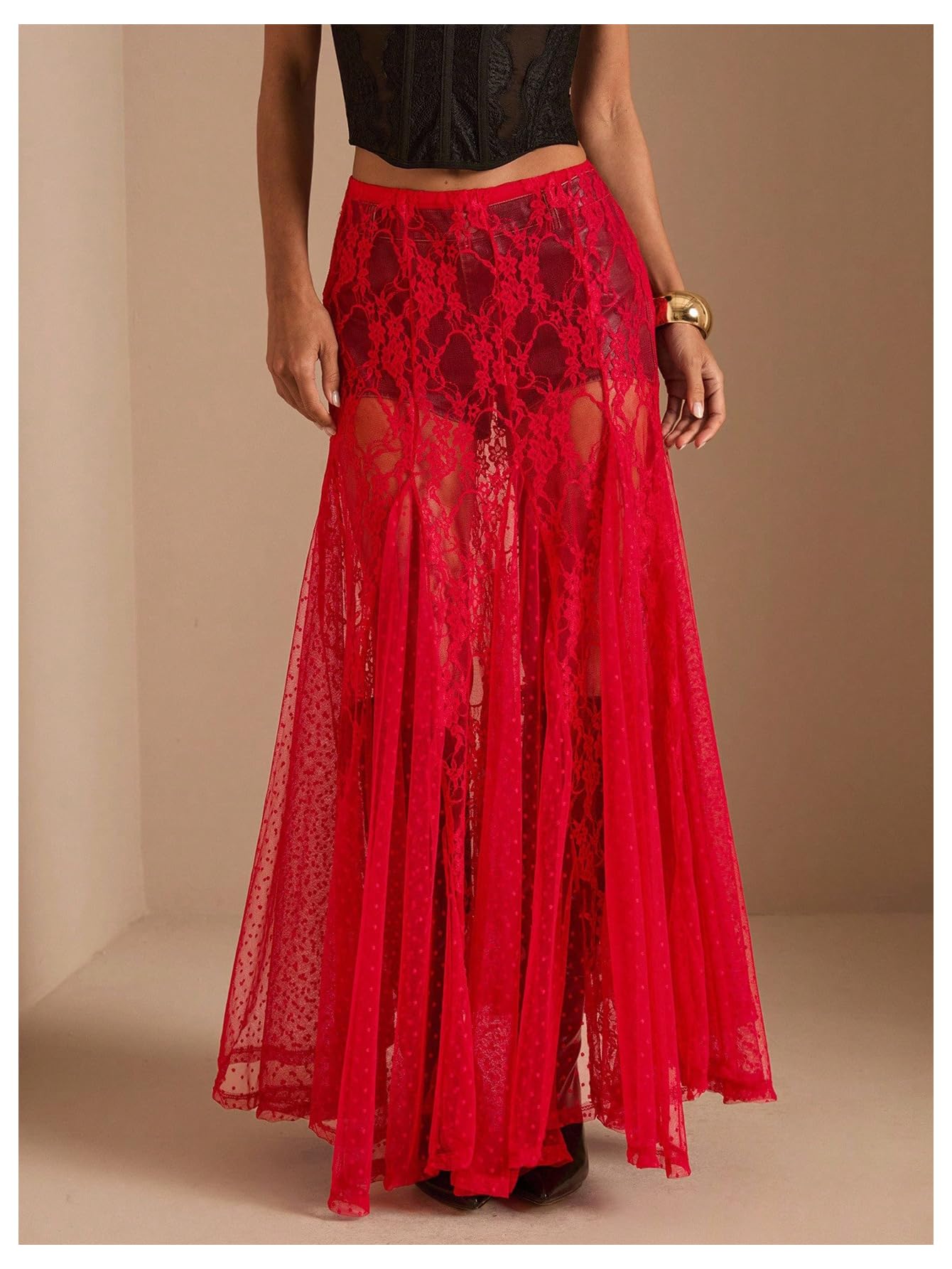 WDIRARA Women's Sexy See Through Sheer Lace Maxi Skirt Low Waist Ruffle Hem A Line Flowy Skirt Red X-Small
