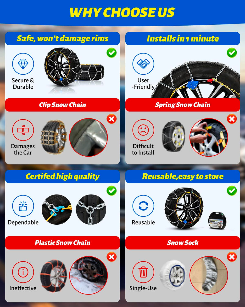Auto Tightening Snow Chains Tire Chains For Cars Suv Pickup Trucks - Auto Tightening 1 Min Quick Fit AND Easy Installation, Reusable Universal Emergency Traction Snow Chains - Set of 2（HKN140）