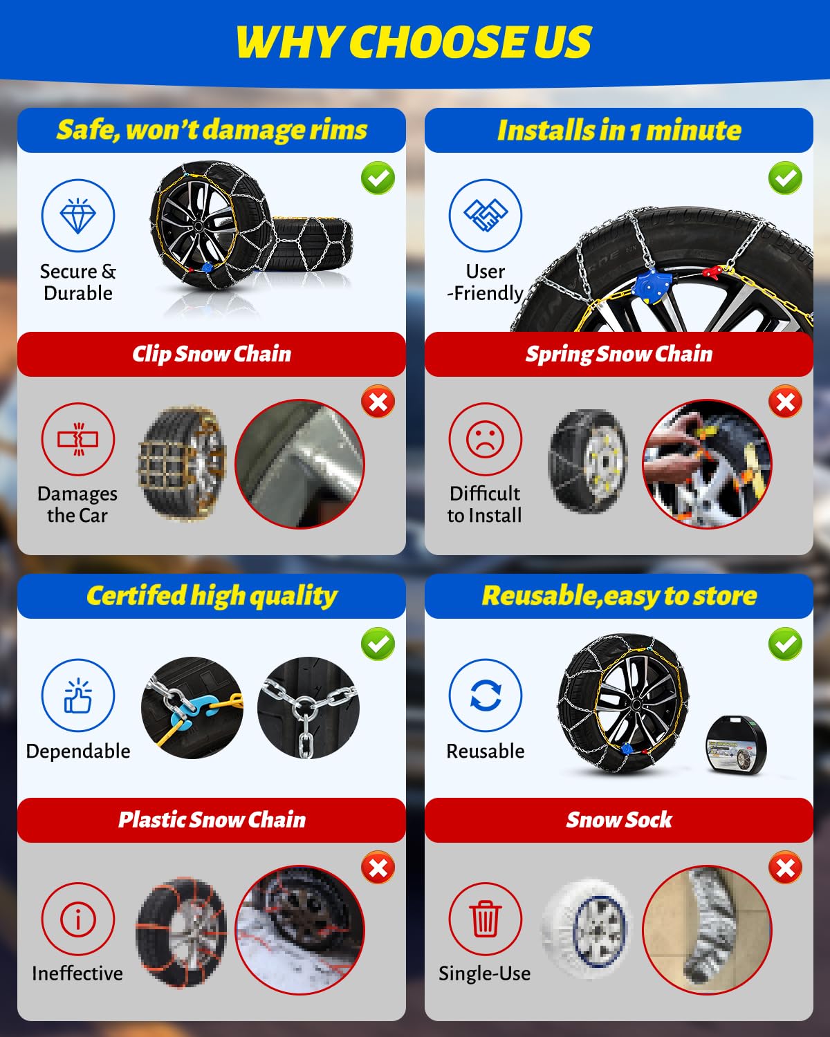 Auto Tightening Snow Chains Tire Chains For Cars Suv Pickup Trucks - Auto Tightening 1 Min Quick Fit AND Easy Installation, Reusable Universal Emergency Traction Snow Chains - Set of 2（HKN140）