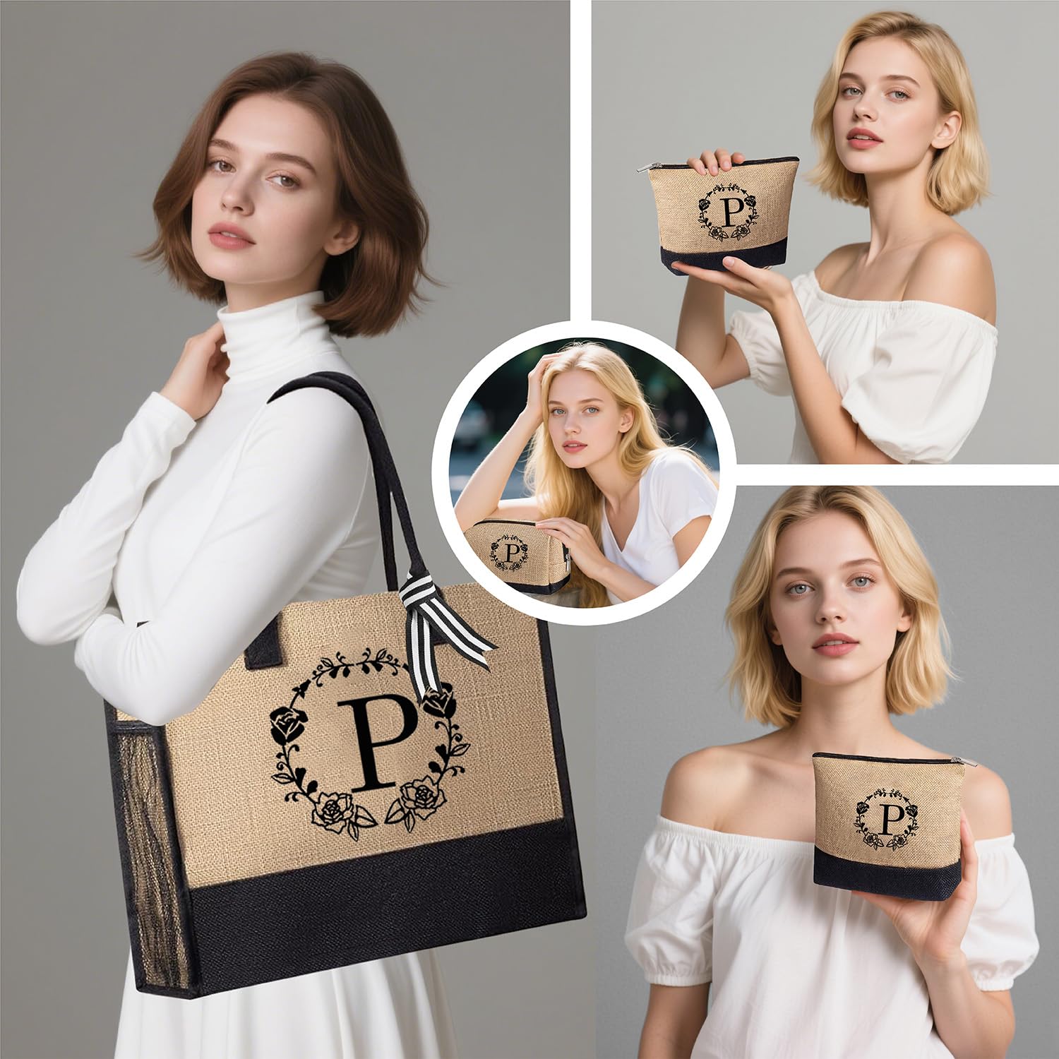 Initial Tote Bag & 3 Makeup Bags, Personalized Mothers Day Gifts for Women, Beach Tote Bag for women w/Zipper, Birthday Gifts for Women Mom Her Girlfriend Wife Sister Friend Daughter(S 4Pcs)