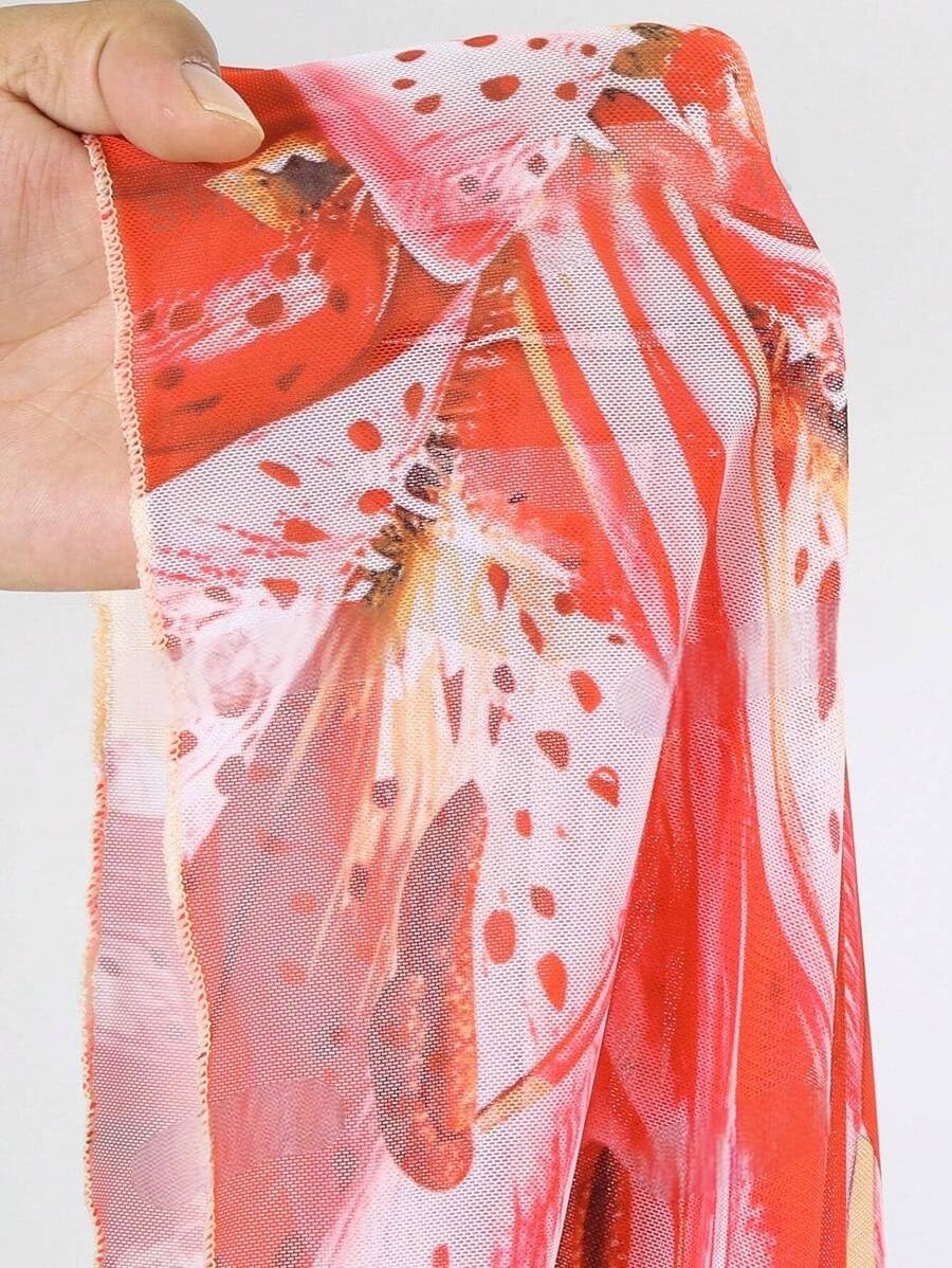 ZAFUL Womens 3pcs Swimsuit Floral Halter Triangle Bikini Top Tie Side Bottom with Long Sheer Cover Up Skirt Beige M
