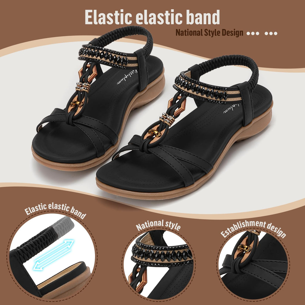 Littleplum Womens Flat Sandals Arch Support Summer Beach Sandals Comfort Walking Shoes Dress Ankle Elastic Bohemian Sandals for Women Black Size 8.5