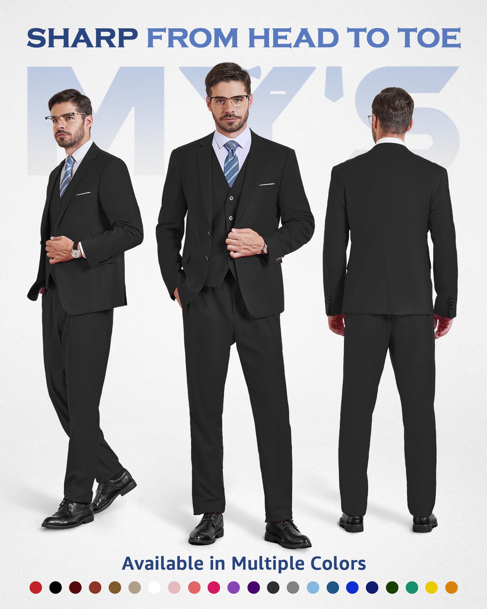 MY'S Men's 3 Piece Slim Fit Suit Set with Tie, 2 Button Blazer Jacket Vest & Pants, Business Wedding Party Prom Suit for Men, Black Medium