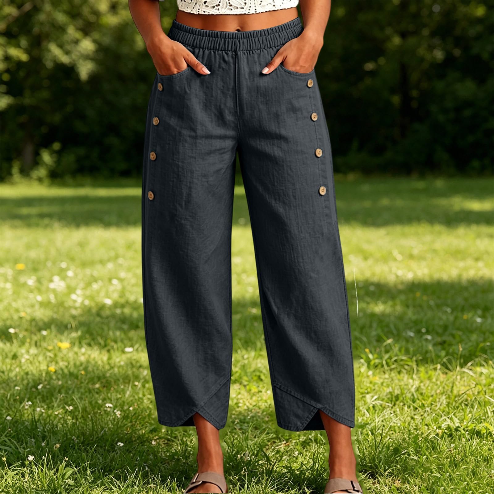 Wide Leg Pants for Women Elastic Waist Cotton Linen Wide Leg Pants Womens Baggy Side Button Split Hem High Waist Trousers Beach Vacation Outfits Plus Size Linen Cropped Wide Leg Capri Dark Gray M