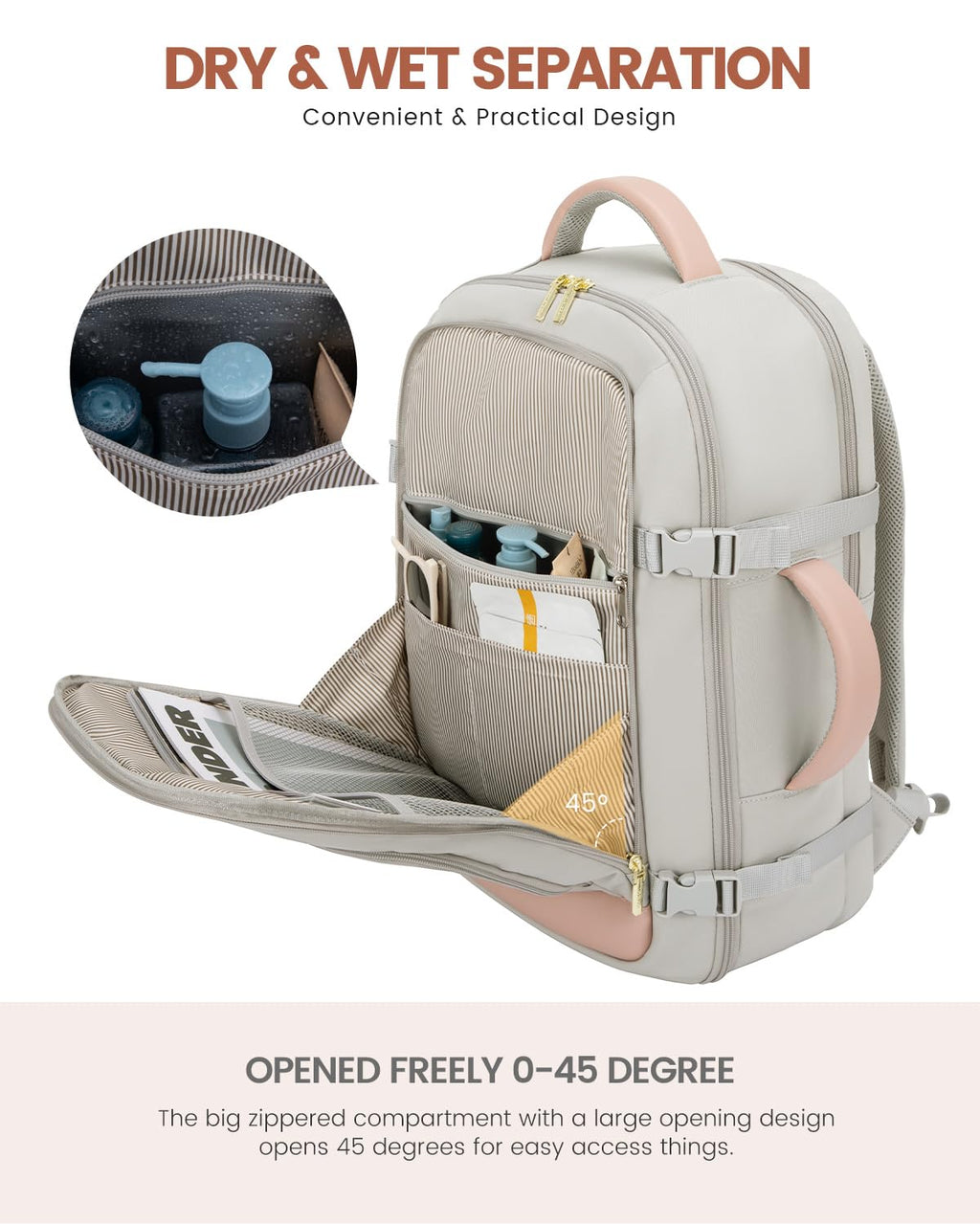 LOVEVOOK Travel Backpack For Women, 40L Carry On Backpack Flight Approved, TSA Personal Item Travel Bag Fits 17 Inch Laptop, Business Weekender Overnight Waterproof Daypack With 2 Cubes, Grey-Pink