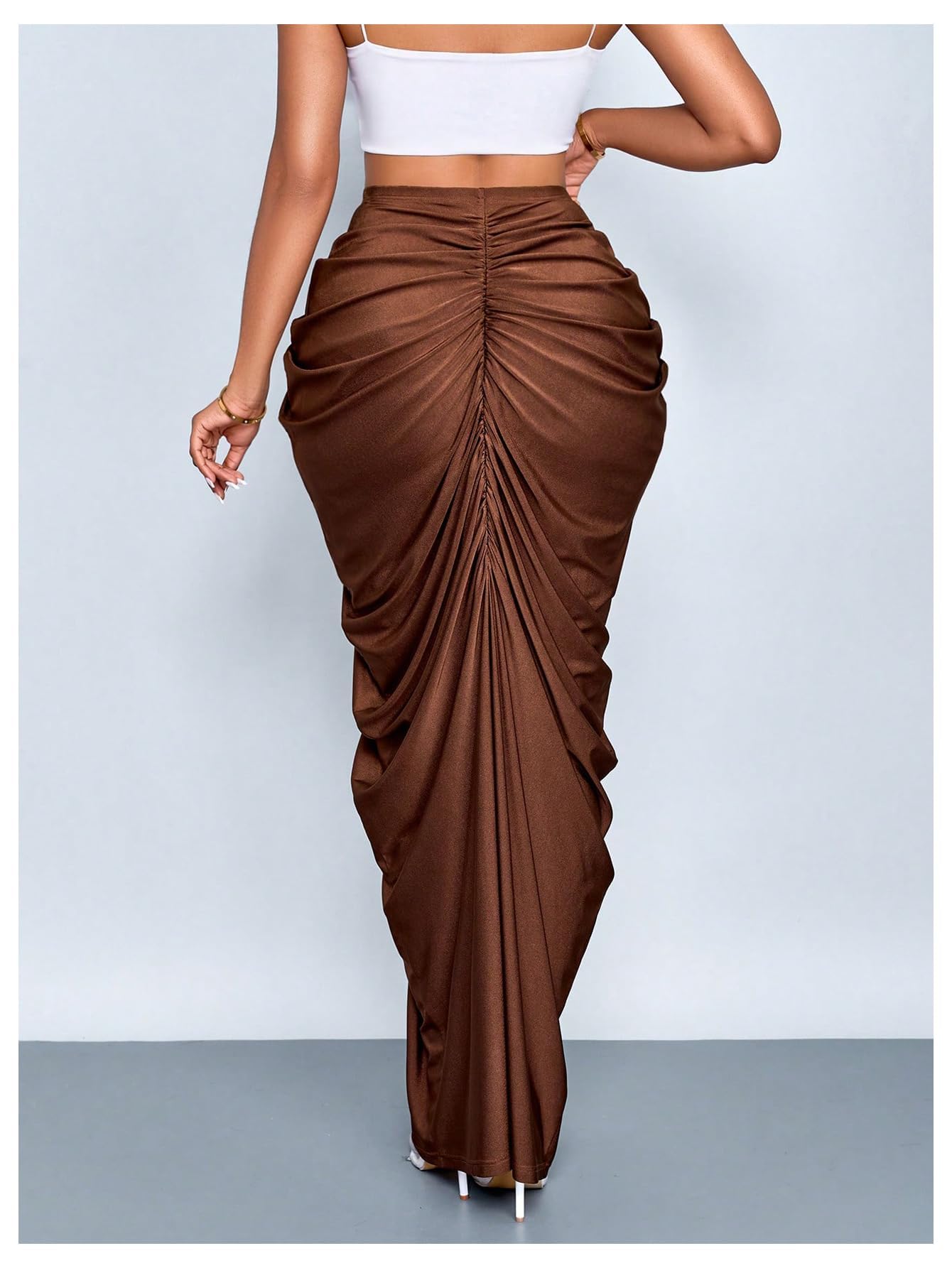 WDIRARA Women's Ruched Bodycon Maxi Skirt Cocktail Party High Waisted Long Fishtail Skirts Coffee Brown Large