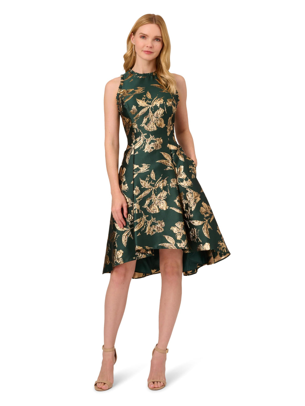 Adrianna Papell Printed Jacquard High-Low Hem Party Dress Hunter 12