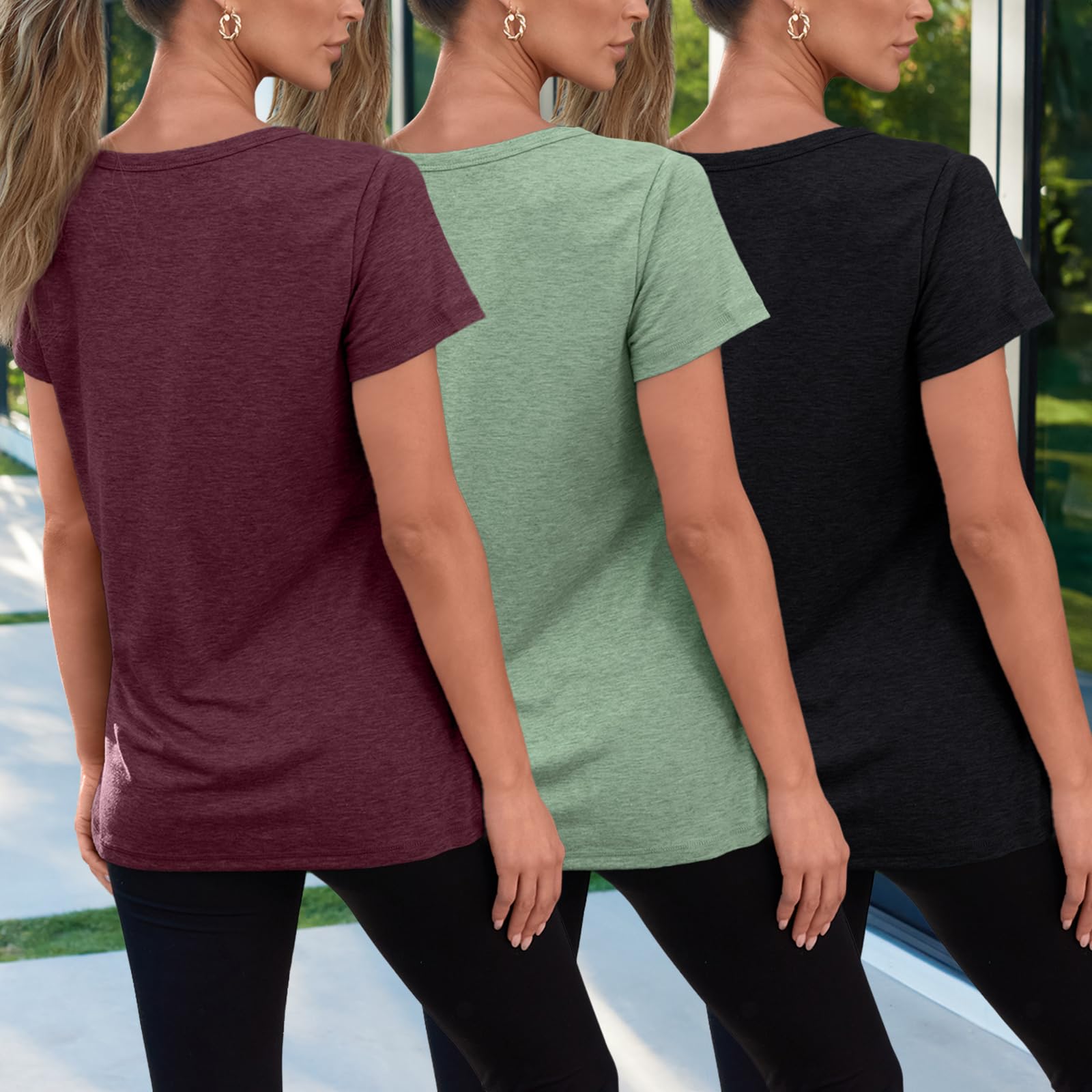 SUNBS Womens Summer Tops Short Sleeve T-Shirts Fashion 3 Pack Basic Tees Comfy Clothes Workout Casual Vacation Outfits 2026 RedGreenBlack L