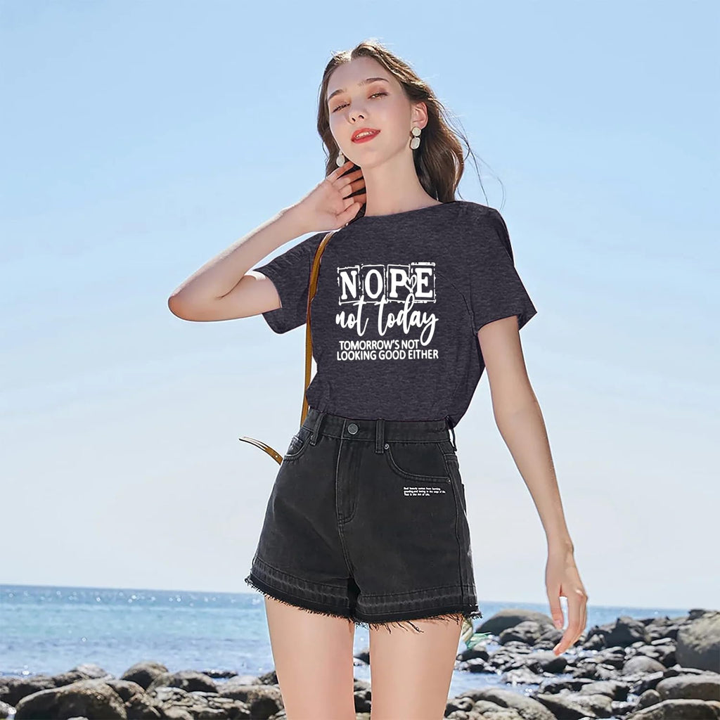 Women Nope Not Today Short Sleeve Printed Fun Print Sleeve T-Shirt Dark Gray