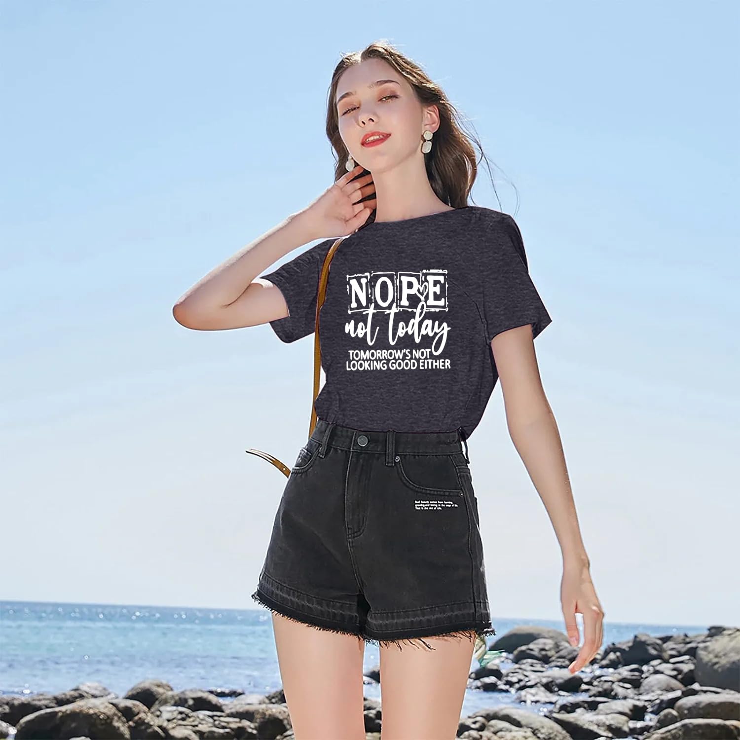 Women Nope Not Today Short Sleeve Printed Fun Print Sleeve T-Shirt Dark Gray