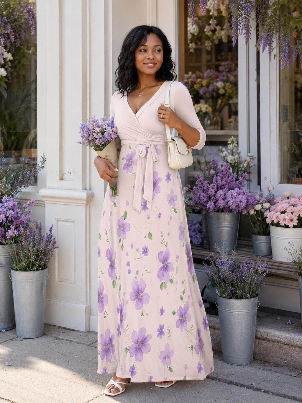 PinkPatty Plus Size Maxi Dress for Women Casual V Neck 3/4 Sleeve Boho Printed Long Dress with Pockets (Floral27 2XL)