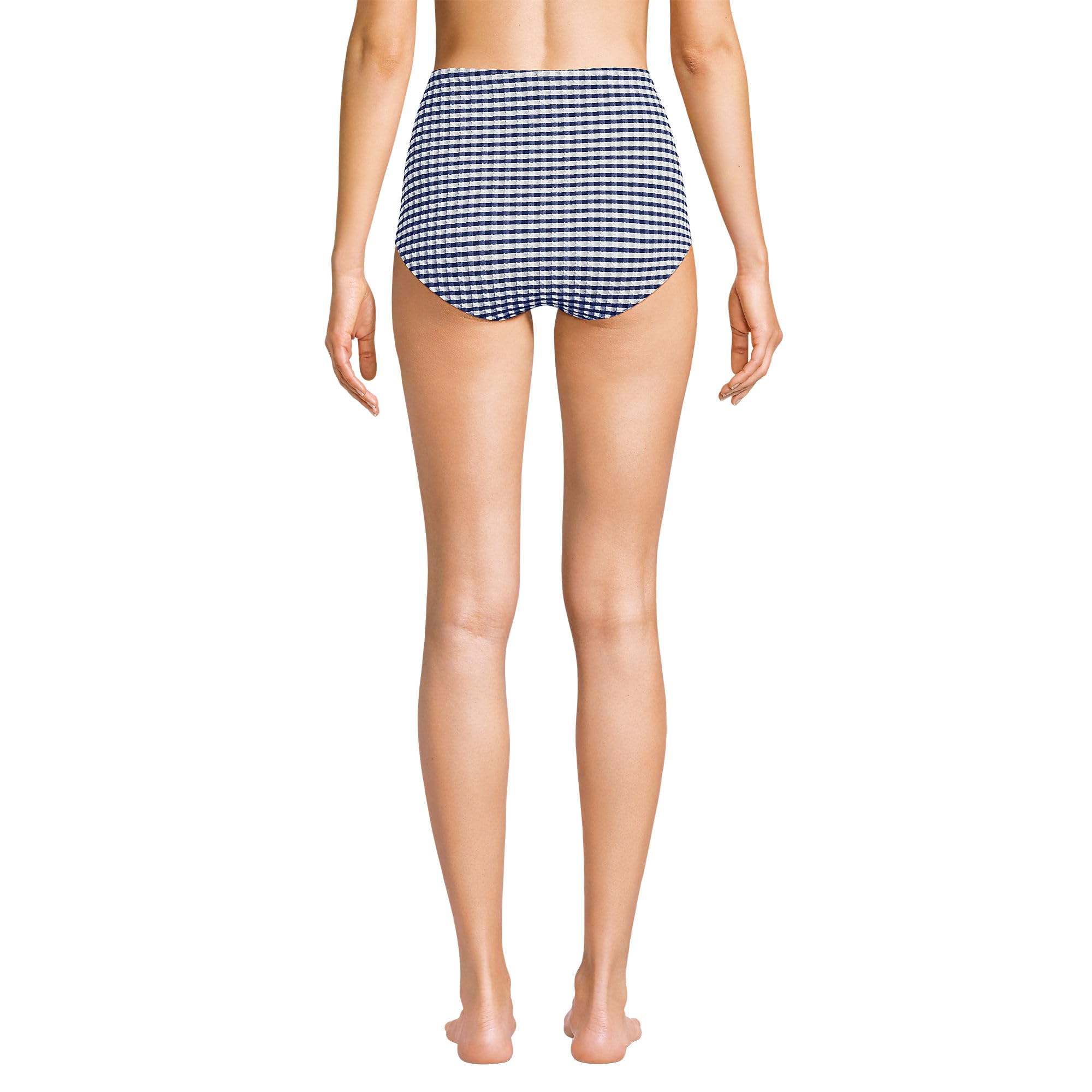 Lands' End Womens Tummy Control Gingham Tugless High Waisted Bikini Bottoms Deep Sea Navy/White Gingham Regular X-Small