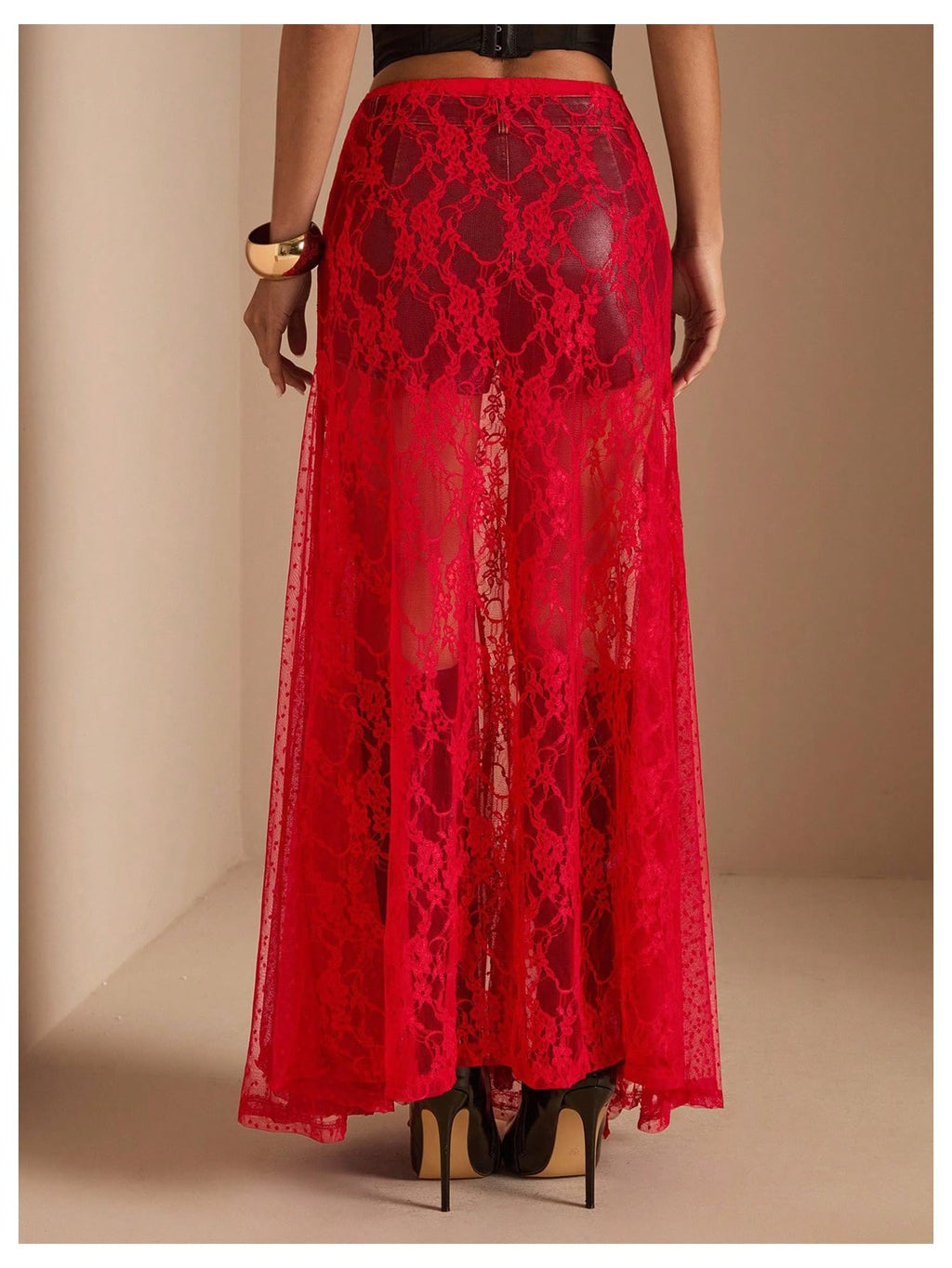 WDIRARA Women's Sexy See Through Sheer Lace Maxi Skirt Low Waist Ruffle Hem A Line Flowy Skirt Red Small