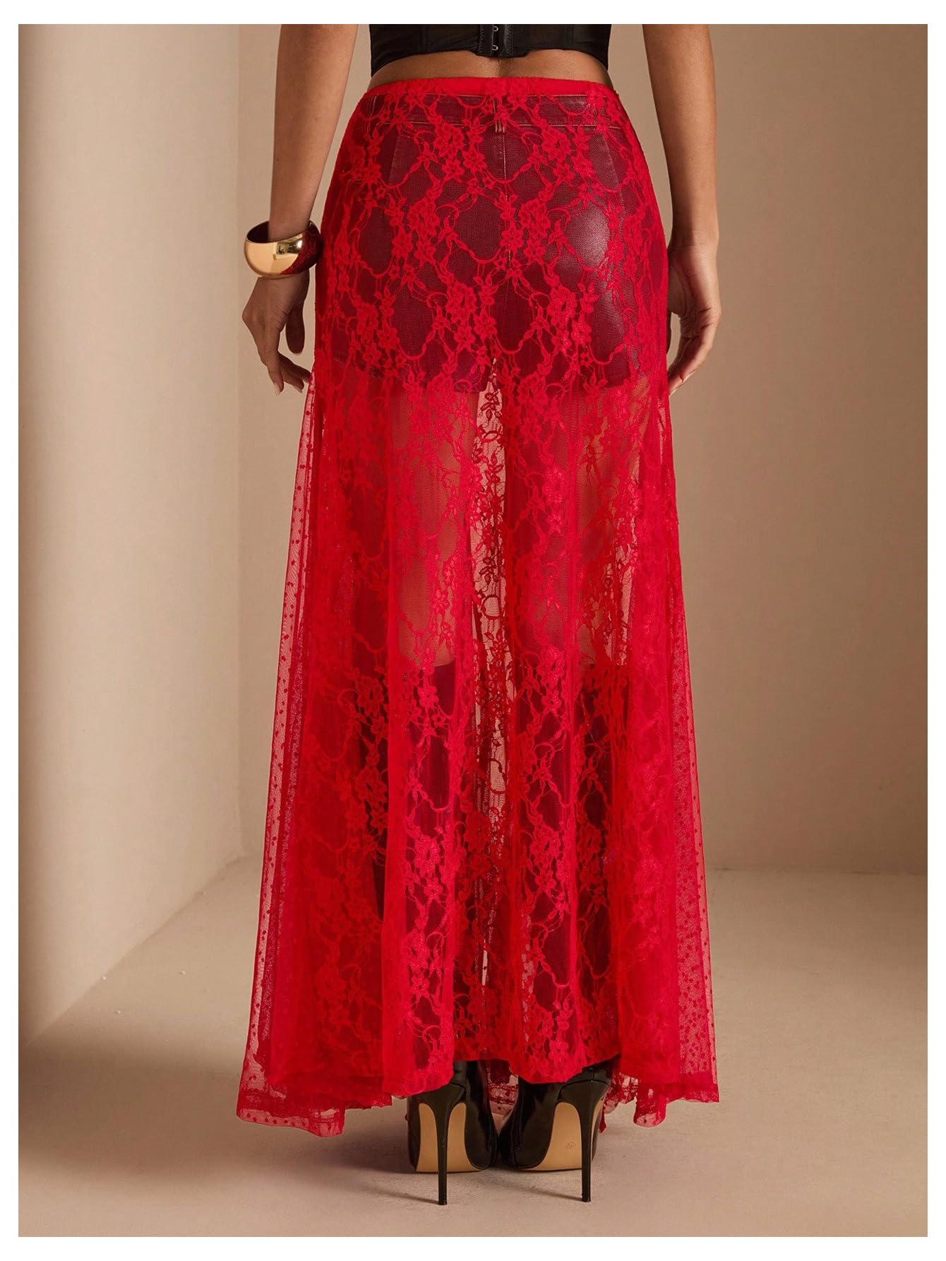 WDIRARA Women's Sexy See Through Sheer Lace Maxi Skirt Low Waist Ruffle Hem A Line Flowy Skirt Red Small
