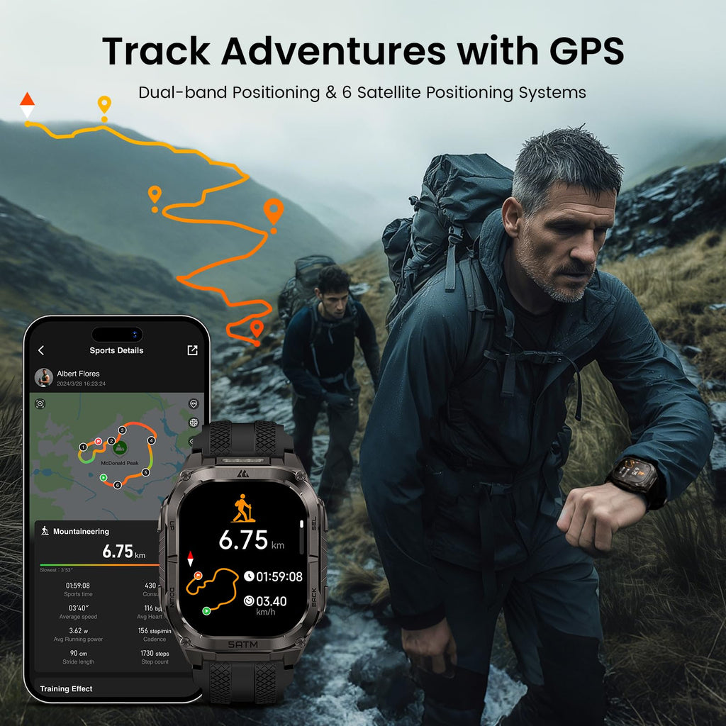 KOSPET Tank M4C Outdoor Smart Watch with GPS, 1.96" AMOLED Display, Built-in LED Flashlight & Walkie-Talkie, Long Battery Life, 50m Waterproof, Bluetooth Calls, 24/7 Heart Rate/Sleep Monitor