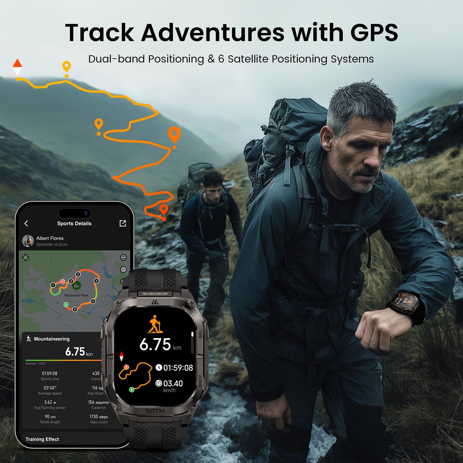 KOSPET Tank M4C Outdoor Smart Watch with GPS, 1.96" AMOLED Display, Built-in LED Flashlight & Walkie-Talkie, Long Battery Life, 50m Waterproof, Bluetooth Calls, 24/7 Heart Rate/Sleep Monitor