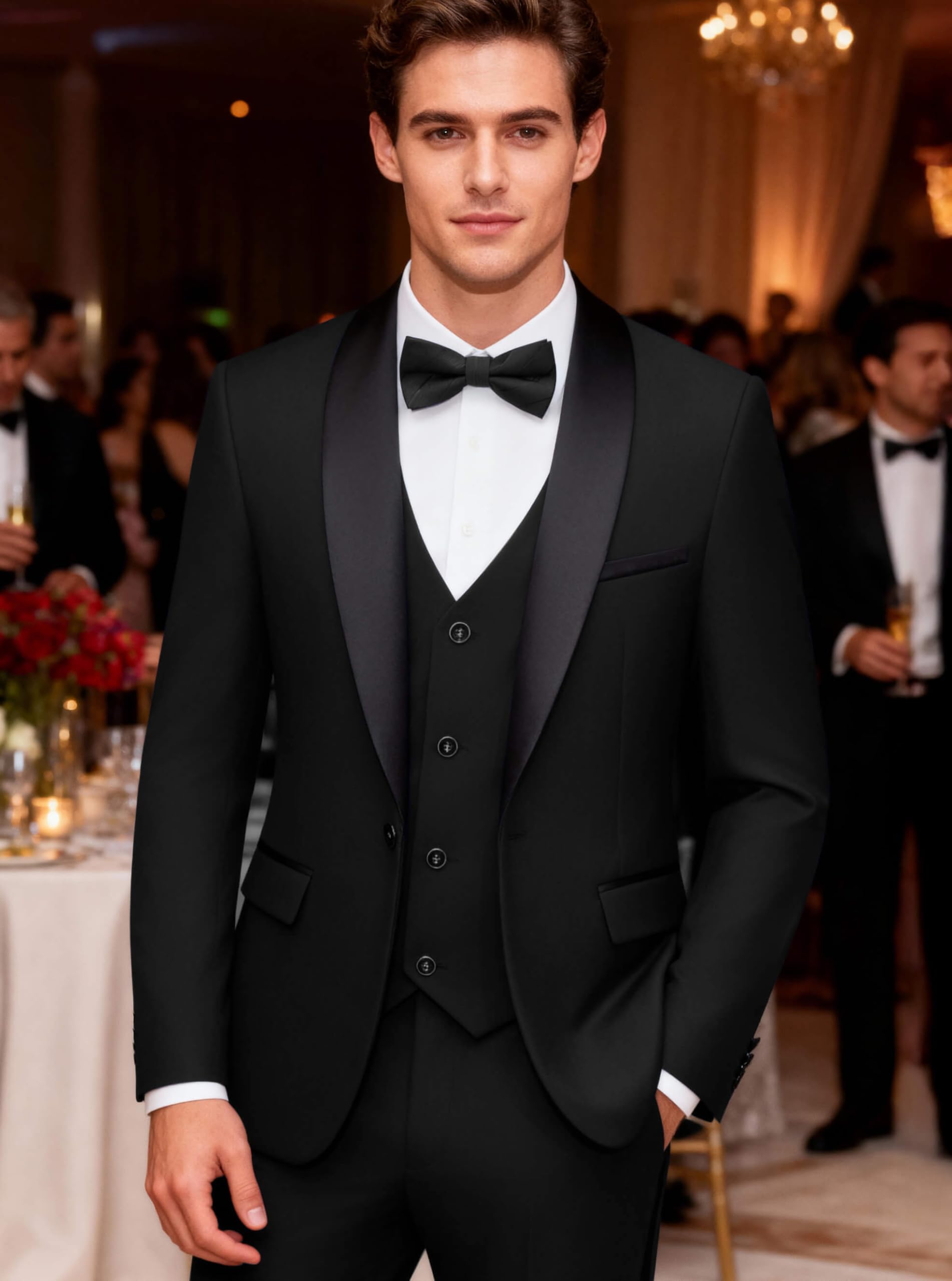 WULFUL Men's 3 Piece Suits Slim Fit Tuxedo Suit Set One Button Shawl Lapel Blazer Jacket Vest Pants Set for Prom, Business Black