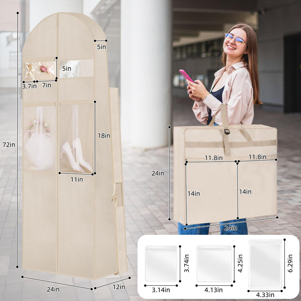 TANGKA Wedding Dress Garment Bag,72’ Tri-Fold Bridal Gown Bag with 6 Pouches and Adjustable Buckle Gown Cover for Wedding/Prom/Travel/Closet Storage (Beige)