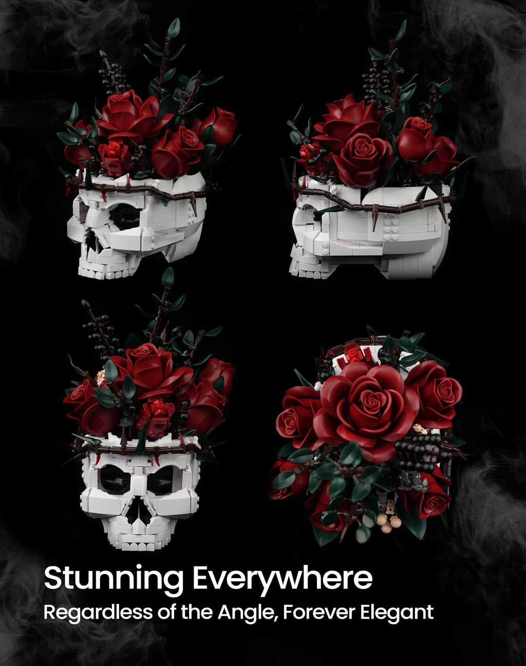 iATOM Skull Roses Flower Bouquet Building Set, Botanical Collection Kit for Adult Women, Gift for Valentines Day for Her/Girlfriend/Mom/Wife/Couple, Goth Horror Skeleton Pot Home Table Decor Aesthetic