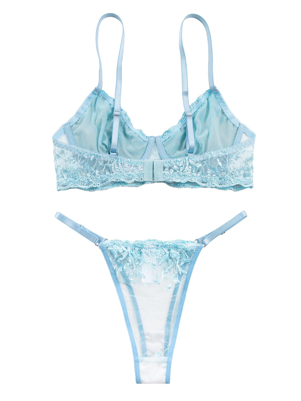 Lilosy Petite Sexy Leaf Floral Embroidered Mesh Sheer Women Underwire Push Up Lingerie Set See Through Cute Bra Panty 2 Piece Flower Light Blue 3X-Small