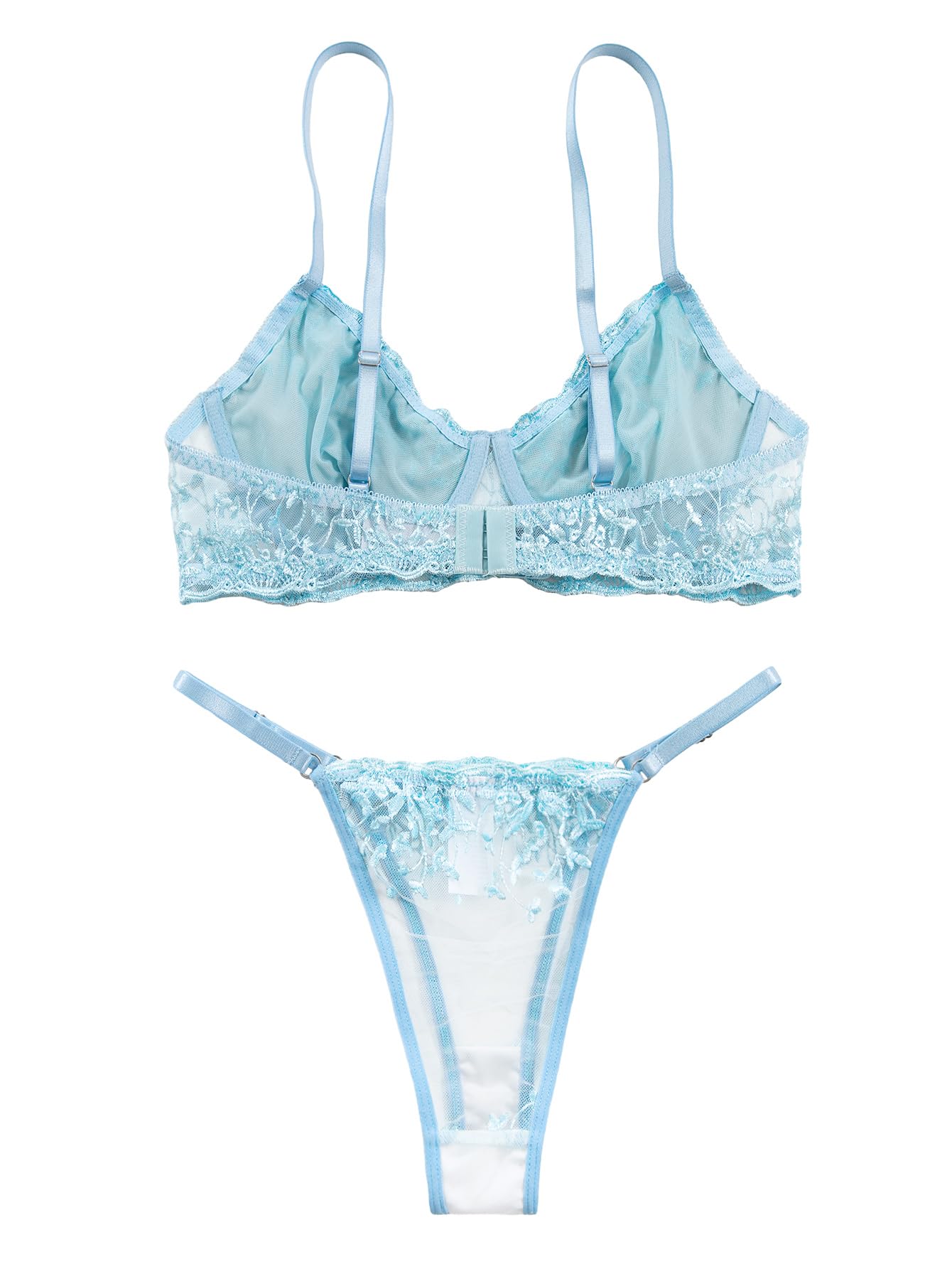 Lilosy Petite Sexy Leaf Floral Embroidered Mesh Sheer Women Underwire Push Up Lingerie Set See Through Cute Bra Panty 2 Piece Flower Light Blue 3X-Small