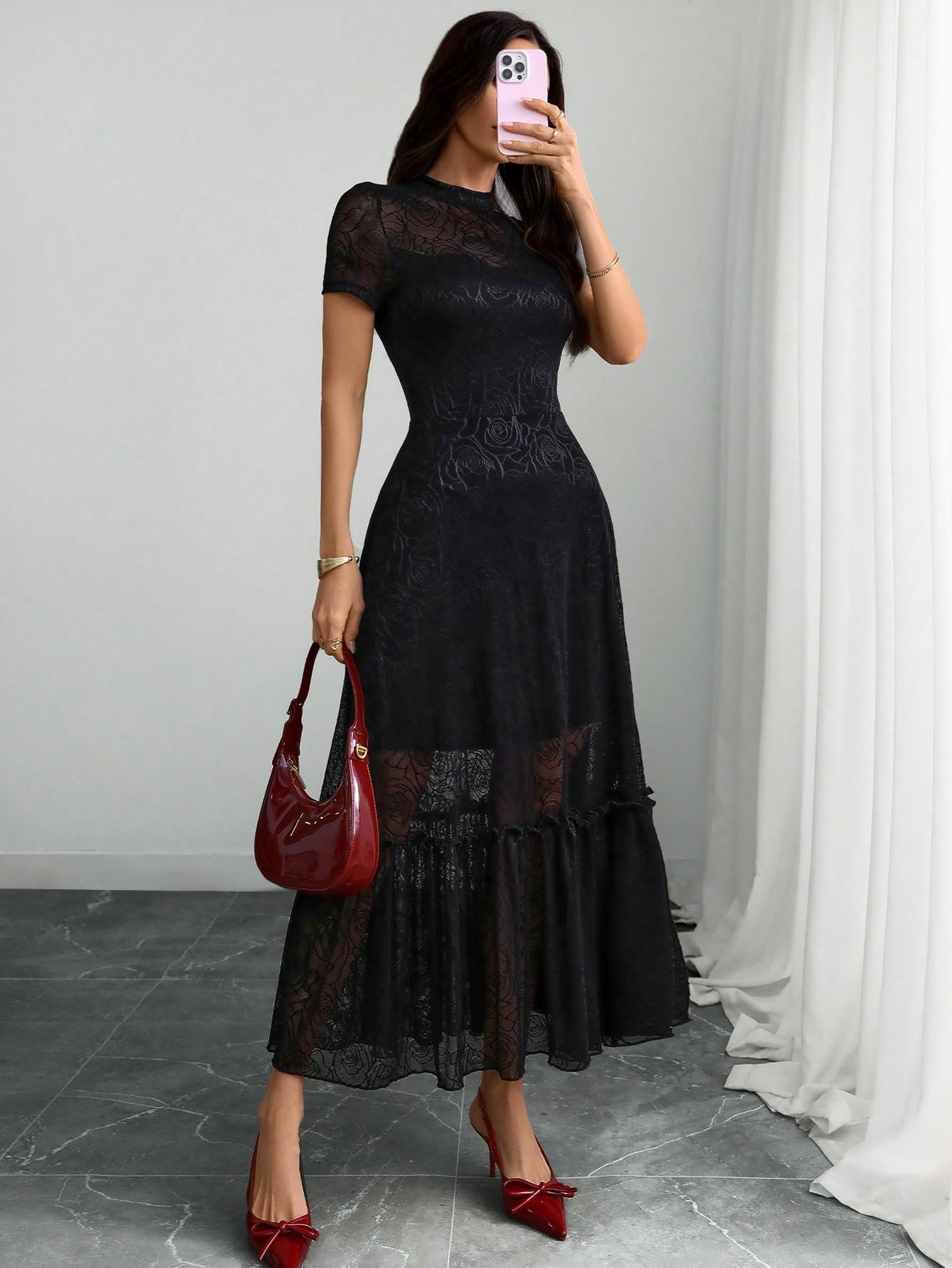 GothDark Womens Elegant Vintage Floral Lace Dress Short Sleeve Double Layer Gothic Midi Wedding Guest Cocktail Dresses Black