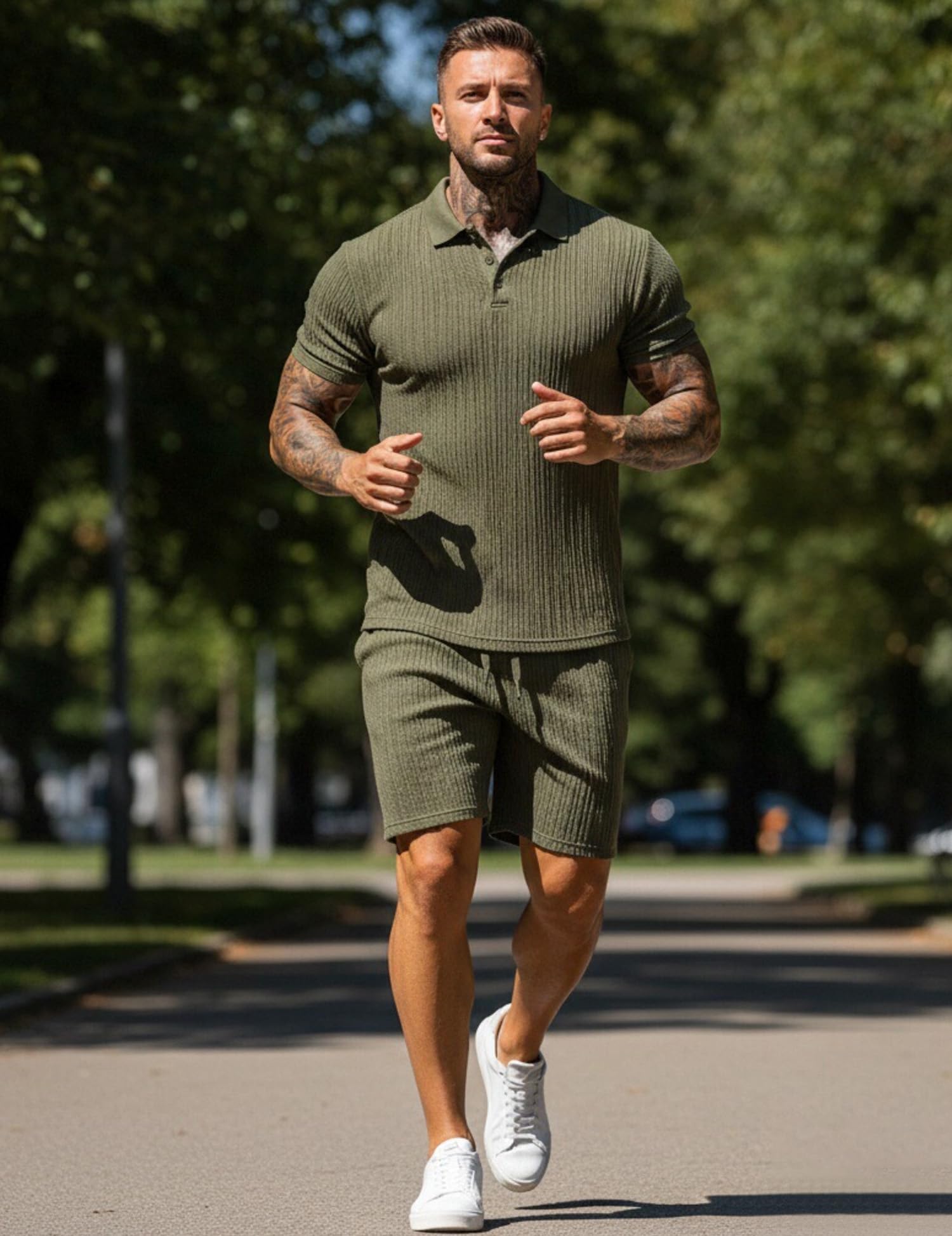 UOUA Mens Shorts Set Twisted Texture Polo Shirt & Shorts Casual 2 Piece Summer Outfits Short Sleeve Vacation Set Army-Green M