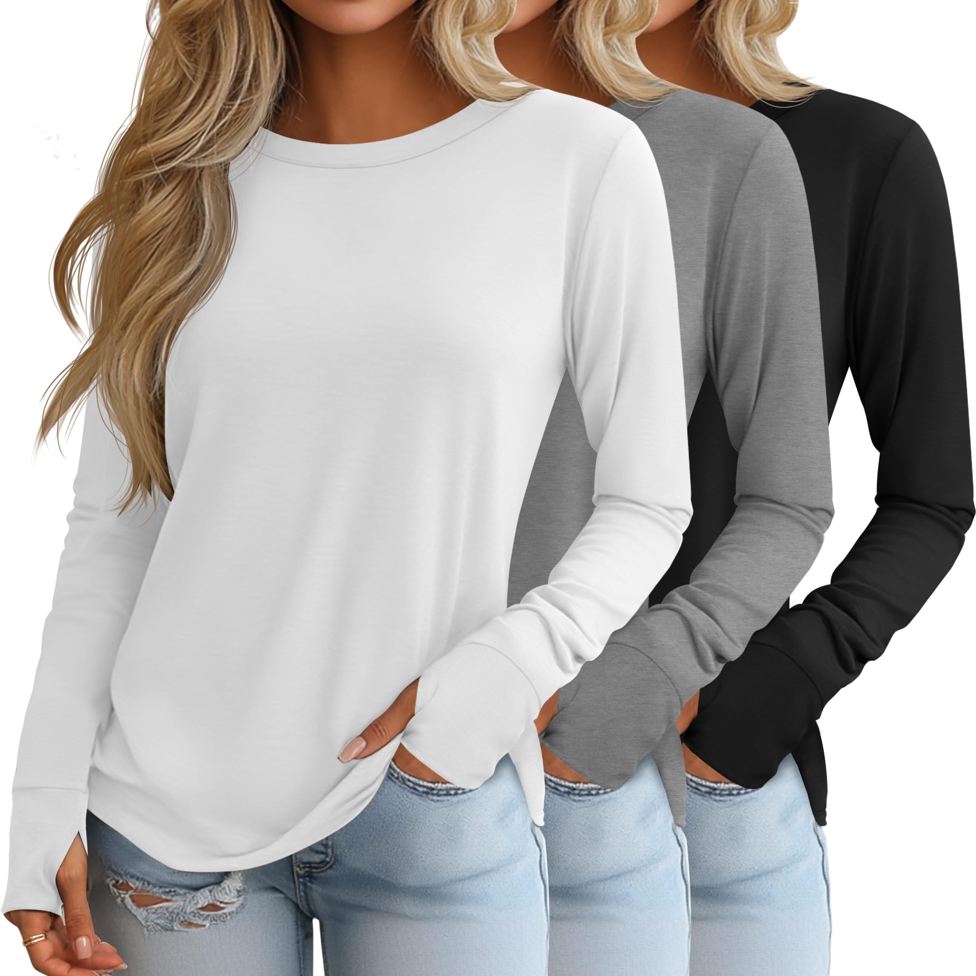Huukeay 3 Pack Womens Long Sleeve Cotton Shirts, 3-Color, Medium