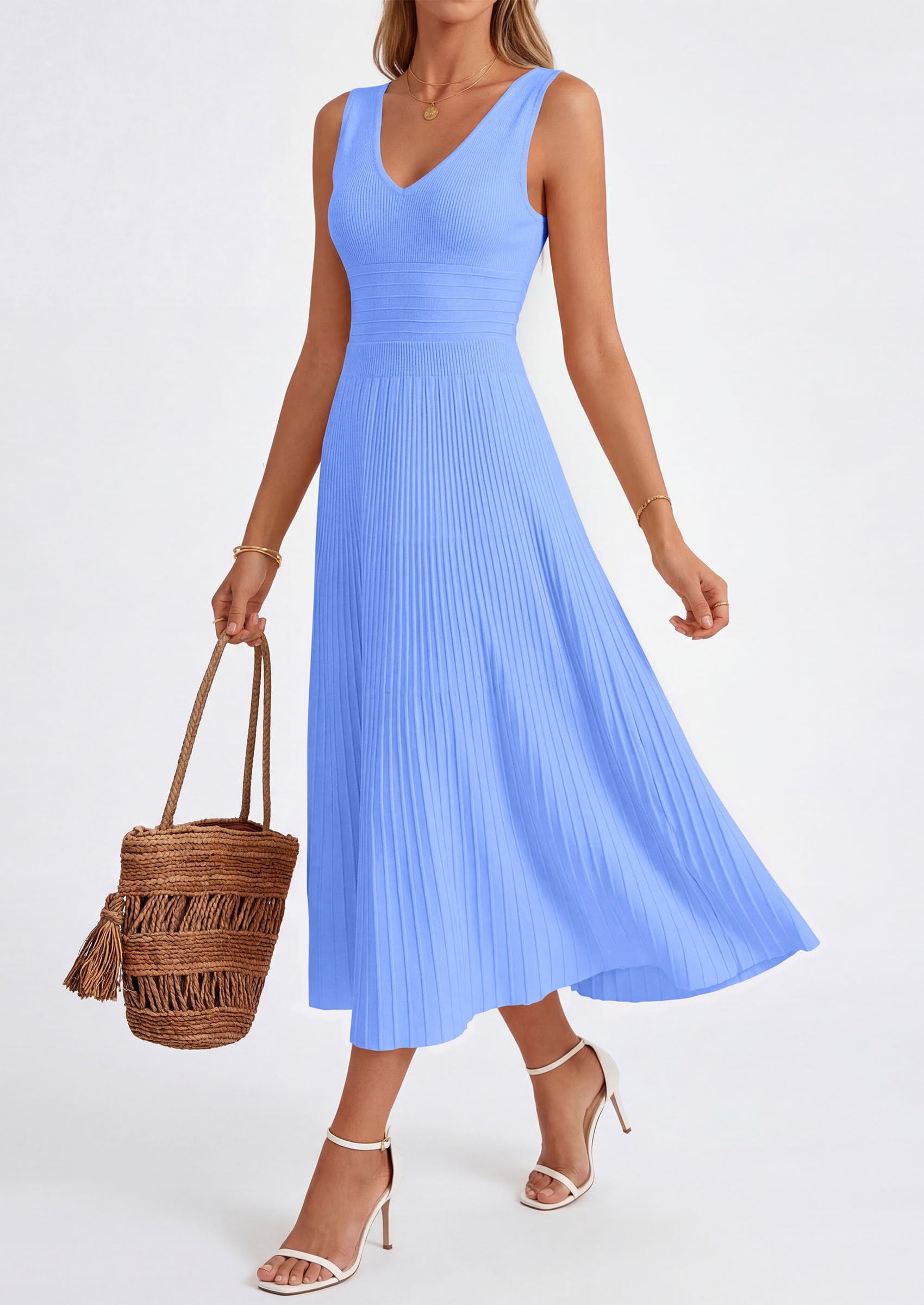 PRETTYGARDEN Summer Dresses for Women 2026 Spring Casual Sleeveless V Neck Pleated Midi Work Cocktail Wedding Guest Dress(Light Blue,X-Large)