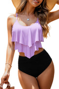 Adisputent Womens High Waisted Bathing Suits Flounce Halter Tank Top Bikini Bottoms Tummy Control Modest Swimwear Two Piece Swimsuits Tankini Purple Black L