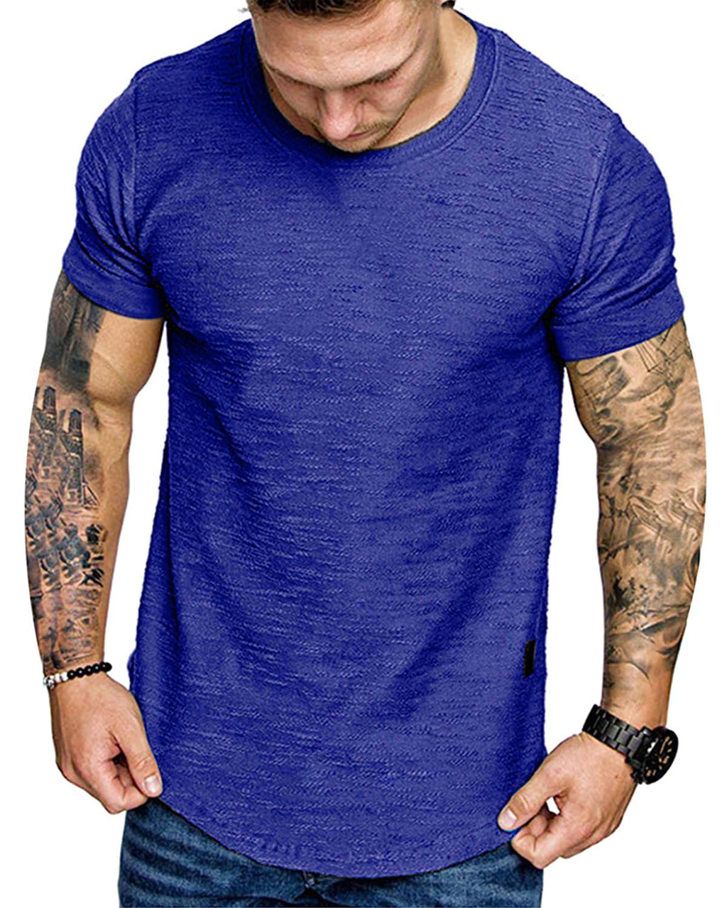 Fashion Mens T Shirt Muscle Gym Workout Athletic Shirt Cotton Tee Shirt Top 240-blue