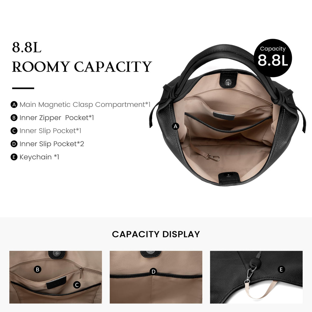 befen Genuine Leather Slouchy Hobo Purses for Women, Casual Hobo Bags Real Top Grain Leather Tote Handbags Women's Black Shoulder Satchel for Shopping, Outing, Travel