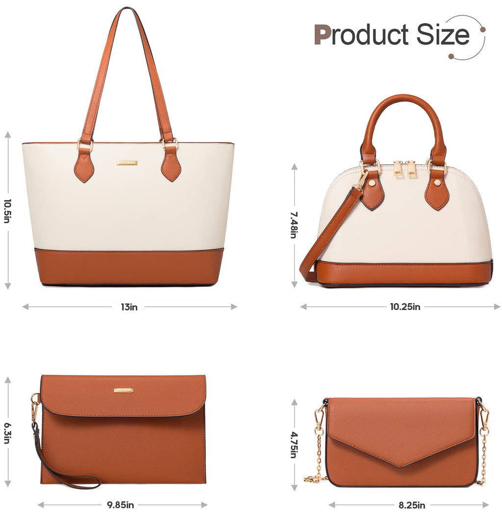 Bagsure Women's Handbag Set, Tote Bag 4pcs, Brown and White Synthetic Leather, Fashion Purse Sets for Work, Shopping, Outdoors